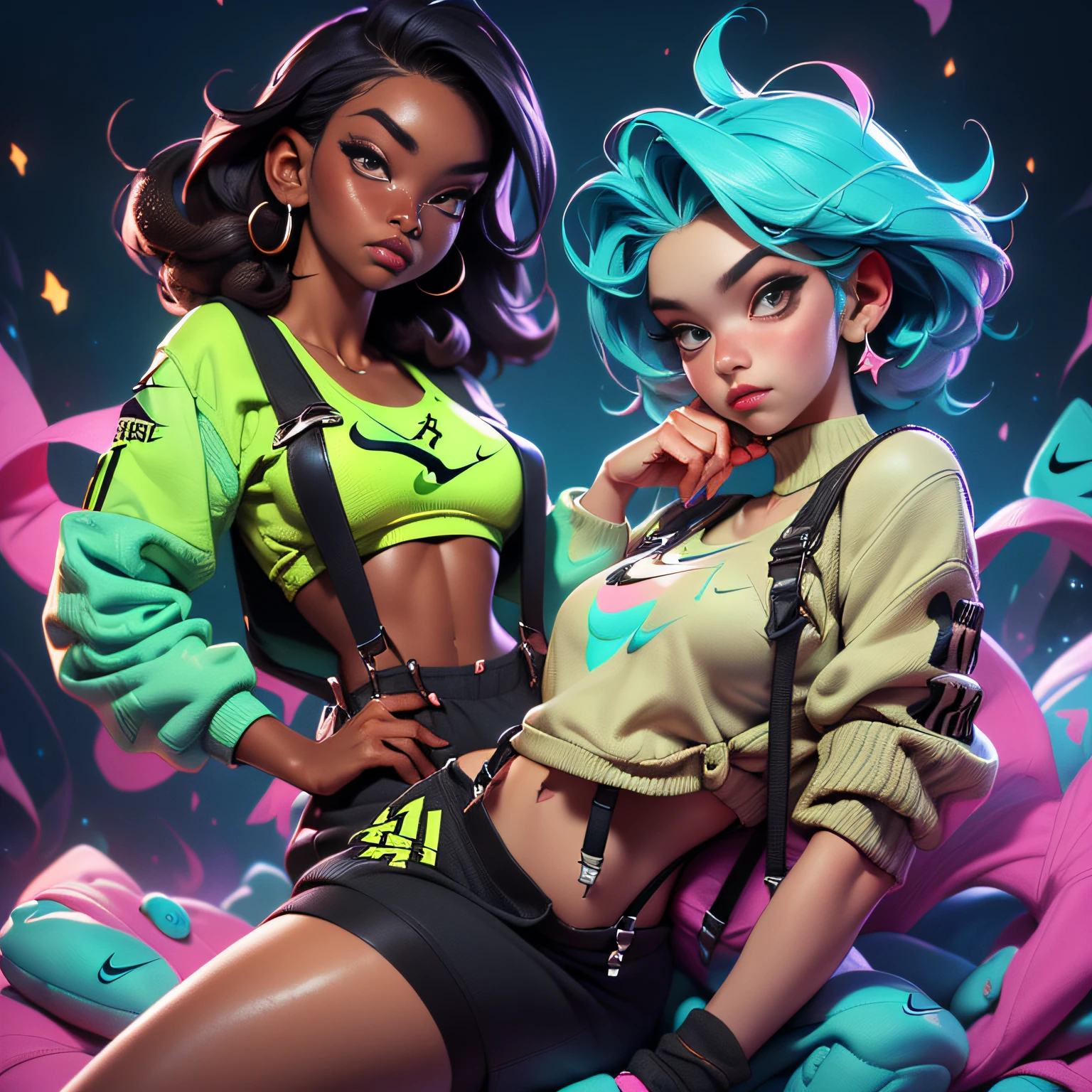 (8k, RAW photo, best quality, masterpiece:1.2) Croud of sexy Girls Two headed giving man a Lap dance 22 year old females with dark skin, Nike sweatsuits , (Nike sweatsuits:1.5), abstract colorful smoke design on cloths, seductive look, looking at camera, chubby 23 year old female with dark skin, Braided 3 different colors neon Pink and Neon Green, contrasting color hair, white overalls, (Crop top Sweatsuit overall suspenders:1.5), (Retro Air Jordan 11 Taxi sneakers:1.5), seductive look, Bioluminescent, City Girls, looking at camera, chubby, 1girl:1.2, body covered in Diamonds and Jewelry A Centerfold named Shauntice, Mixed Race instagram Biracial Ethnic Caremel skin-Mode:1.2, Streetwear Hypebeast supreme:1.3 \(brand\), words on body:1.1, Instagram Braid Artist instagram Hair stylist (1girl), 2 colored hair, (Nebula smoke behind head and eyes Ethereal:1.2, , Alberto Seveso, fantasy art:1.1, ((Fantasy background)) , long smoke hair:1.2, outdoors, aestheticism), (goosebumps:0.5), subsurface scattering, (masterpiece, top quality, best quality, official art, beautiful and aesthetic:1.2), extreme detailed, colorful, highest detailed