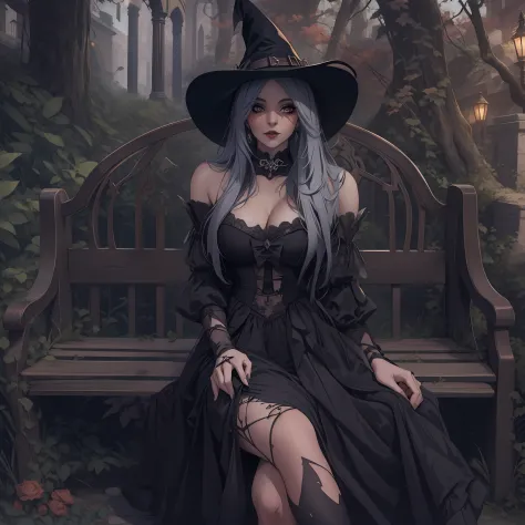 Witch sitting on a bench in a black dress and hat, uma bela feiticeira, feiticeira bonita, feiticeira bonita, beautiful witch fe...