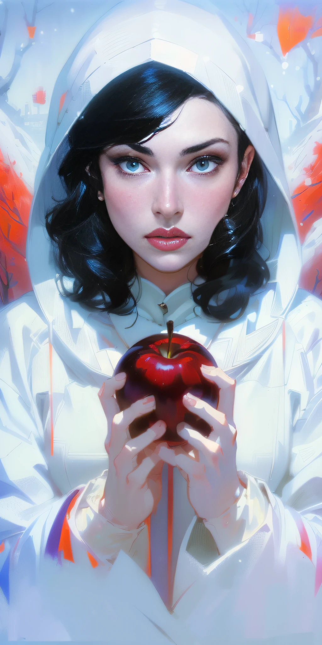 Eine Nahaufnahme einer Person, die einen Apfel vor einem Baum hält, Schneewittchen, Dann Martin, portrait of Schneewittchen, Dann Martin artwork portrait, Adam Hughes, Chris Moore. artgerm, pale Schneewittchen skin, artgerm Greg rutkowski _ Greg, artgerm and james jean, Artgerm und Ilya Kuvshinov