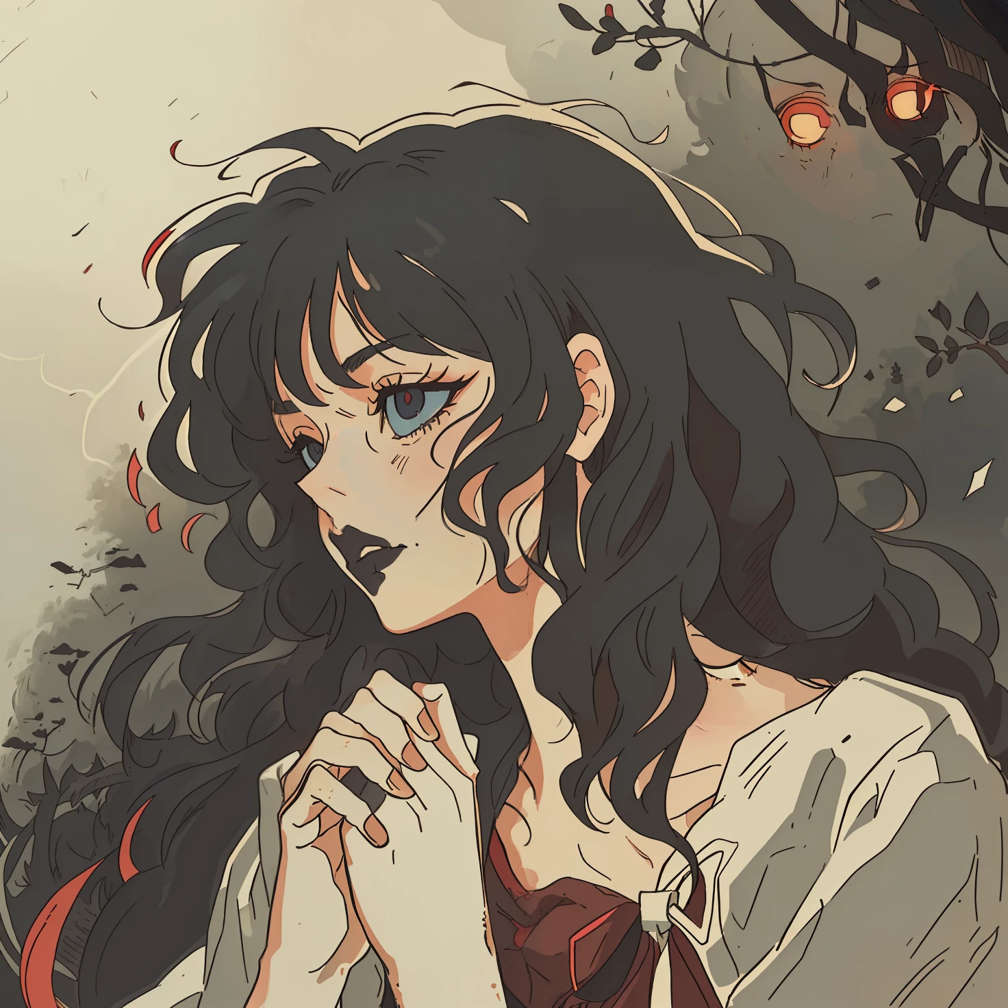 a close up of a person with long hair and a Escuro background, estilo de arte satoshi kon, com olhos deprimidos e cabelos cacheados, estética de takato yamamoto, com luz de fundo vermelha, por Satoshi Kon, estética de papel de parede de terror, Animes de terror dos anos 80, anime art nouveau coreano, (Escuro:1.5), fundo da floresta, esboço