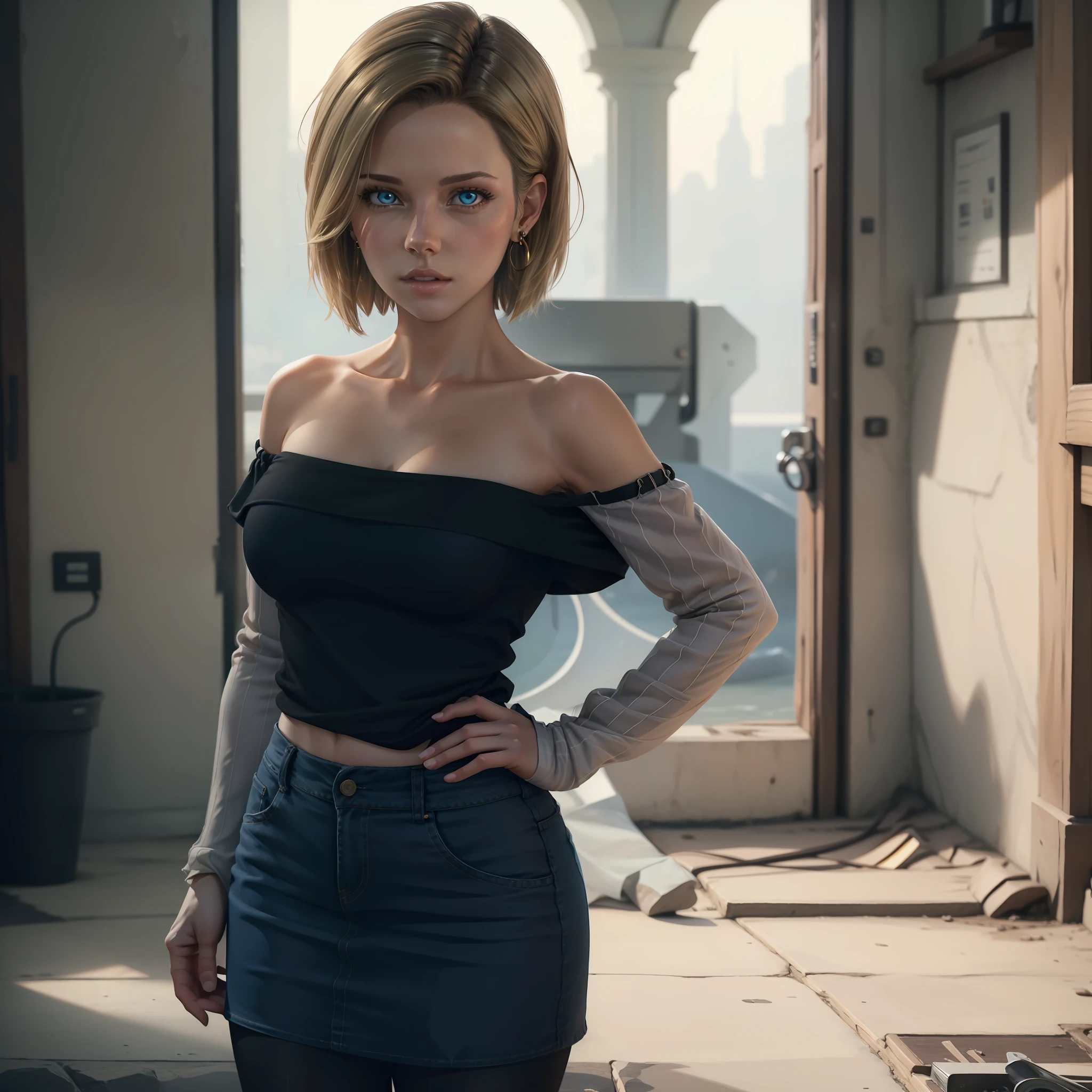 Photorealistic,Realistic illustration in manga style,Masterpiece,best quality,ultra-detailed,perfect anatomy,Perfect hands,highres,and18,1girl,Ulzzang-6500-v1,E-girl,Exceptionally Beauty Waifu Kate Beckinsale as android 18,Only,blonde hair,blue eyes,short hair,earrings,jewelry,denim vest,open vest,black pantyhose,black shirt,denim skirt,striped long sleeves,blue skirt,medium breasts,Full body portrait,street,Perfect detailed eyes,(Externally expanded Chest:1.2), (Strapless:1.2), off-the-shoulder,intricate details,cg unity 8k wallpaper,octane render,Extremely CG unity 8k wallpaper,Extremely beautiful and aesthetic,Extremely beautiful and delicate,Perfect detailed body,