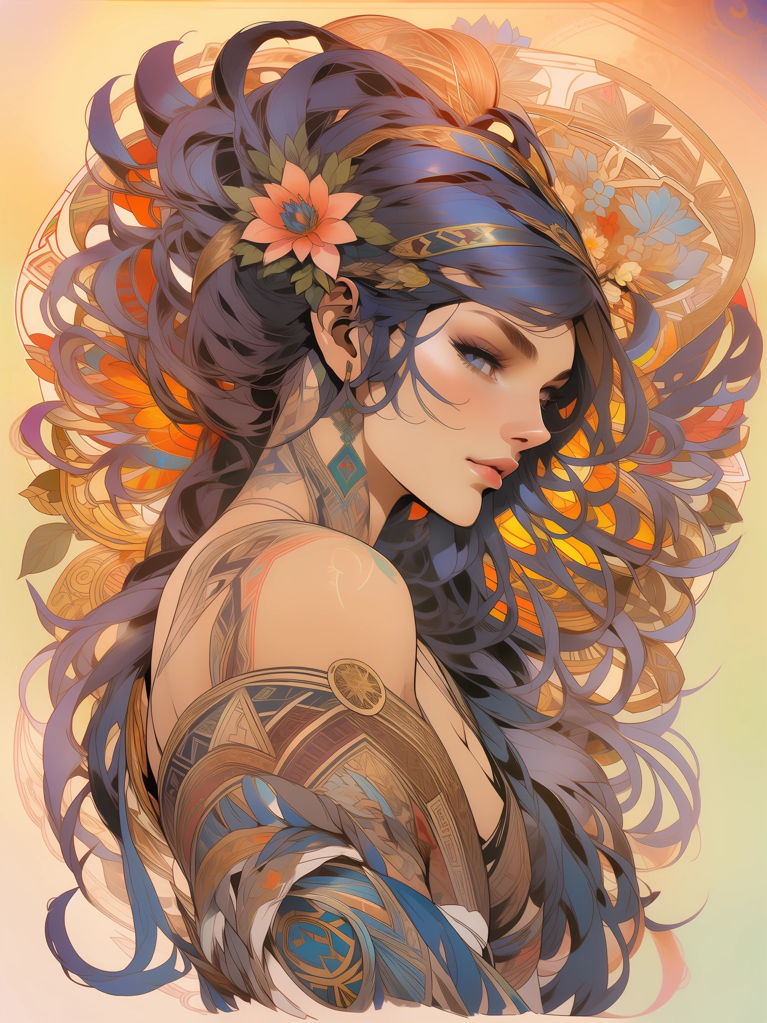 estilo de tatuagem tribal,Greece,alta qualidade, corpo feminino mulher,mulher bonita com cabelo preto longo,Estilo de tatuagem,Estilo Alphonse Mucha, Campos de flores, obelisco, Blank location, cores,Fantastic Paintings by Paolo Eleuteri Serpieri ,cores uhd, --AR 3:4 --upbeta --teste --criativo --upbeta --upbeta --upbeta