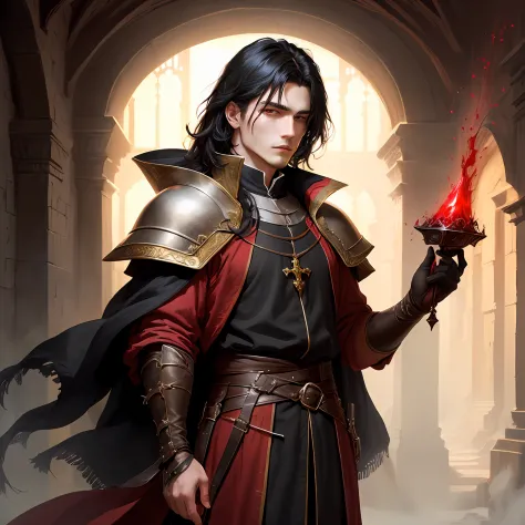 White man with black medium hair, red clothes, medieval, fantasy, dark fantasy rpg, red aura, blood master