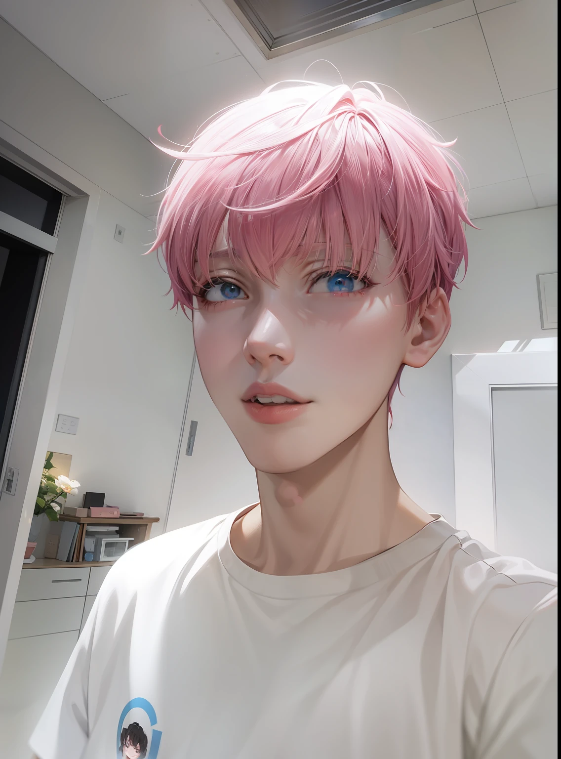 Allafard asian man in a room with pink hair and white shirt, with pink hair, Male ulzzang, yanjun cheng, Smooth pink skin, inspired by Yanjun Cheng, pastel pink skin tone, Glowing pink face, pink face, jung jaehyun, Pink skin, Cai Xukun, Bubblegum hair, hong june hyung, Light pink hair, Pink hair