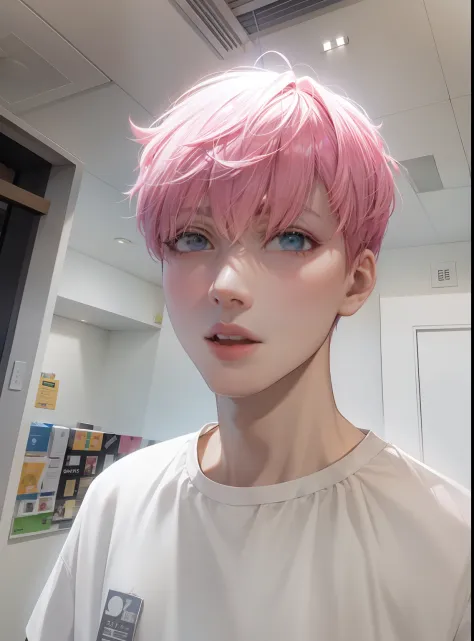 Allafard asian man in a room with pink hair and white shirt, with pink hair, Male ulzzang, yanjun cheng, Smooth pink skin, inspi...