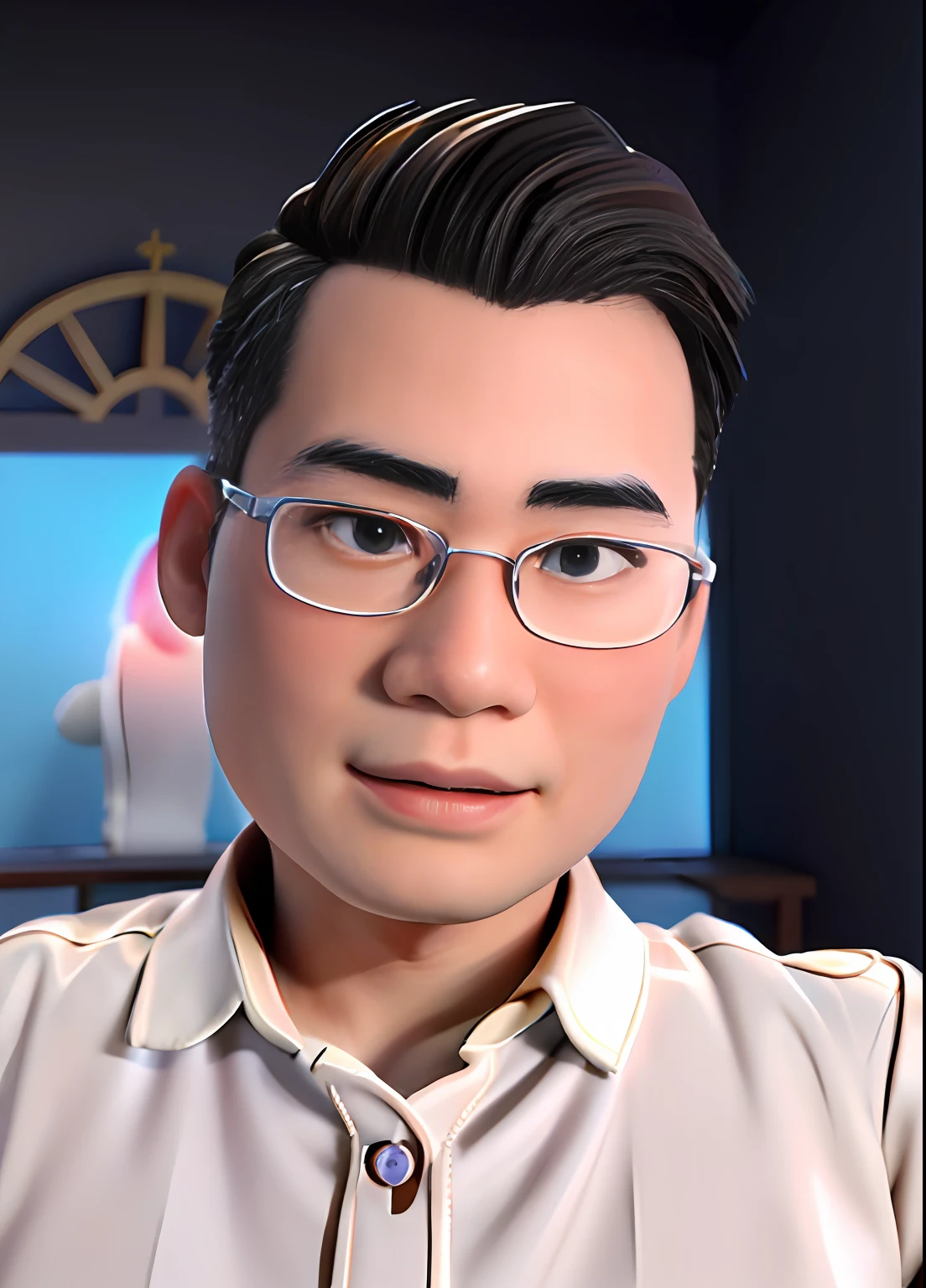 Chinesische Männer ,  2，Karikatur,Buzz Schnitt,Nahaufnahme,Tiefenschärfe,3D-Cartoon, 3D-Animationsfilm, realistischer Anime-3D-Stil, Pixar Portrait 8 K Foto, Gelehrter Stil