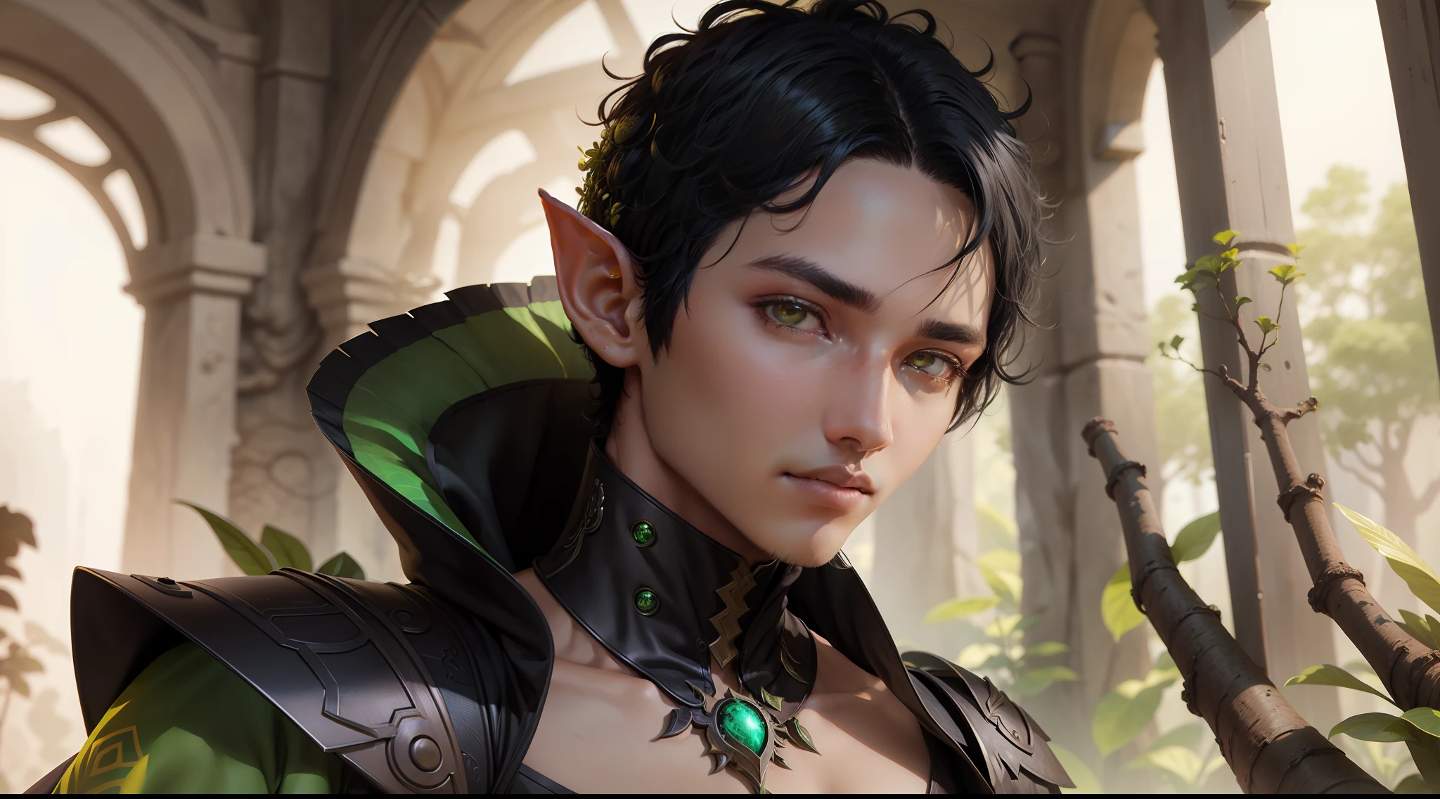 Enhance the quality and resolution of the portrait of a magical plant elf man with short black hair and yellow eyes in a futuristic style.