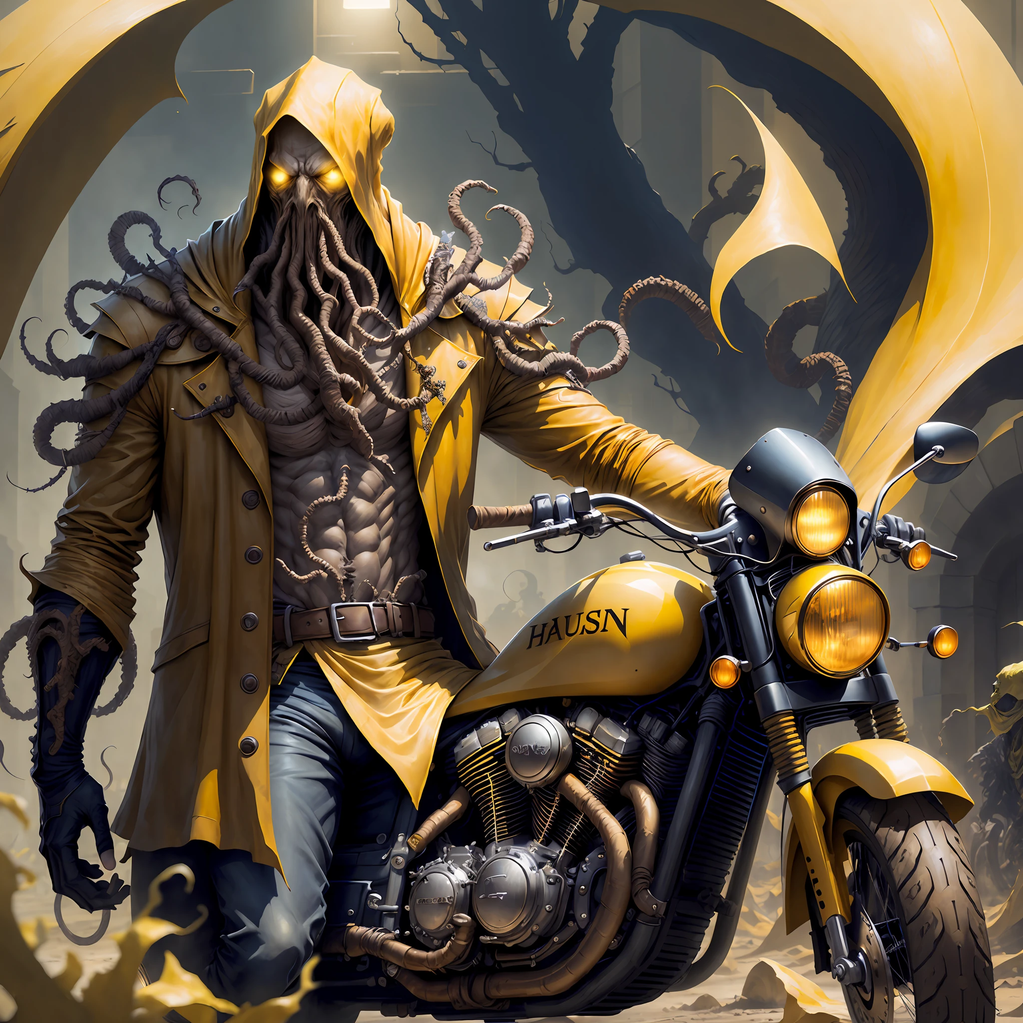 "Hastur, Rey de amarillo montando una moto"