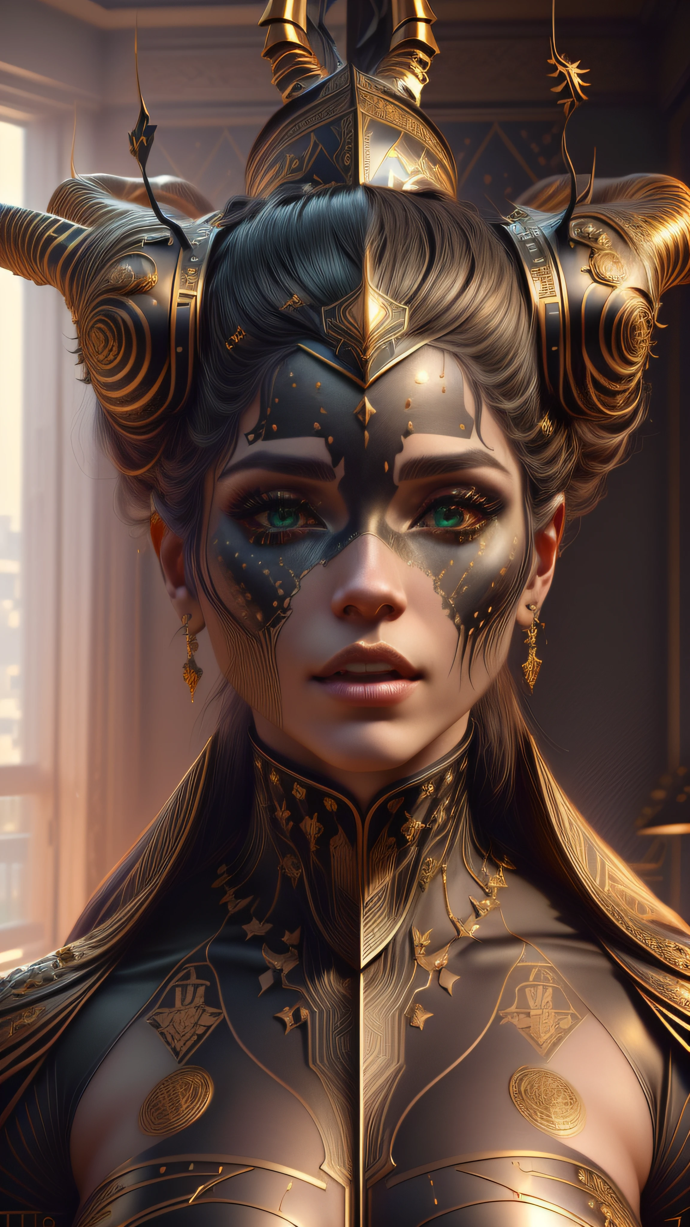 A closeup of a woman with horns on her head, Retrato CGSetivity, 3 d render arte do caractere 8 k, personagem de fantasia hiperdetalhado, CGSetivity 8K, CGSetivity 8K, CGSetalidade 8K, retrato de fantasia fosco detalhado, Trending in ArtStation 4K, arte cyberpunk ultrarrealista 8k, trending in cgsociety, cgsociedade inspirada, cinematic cgsociety