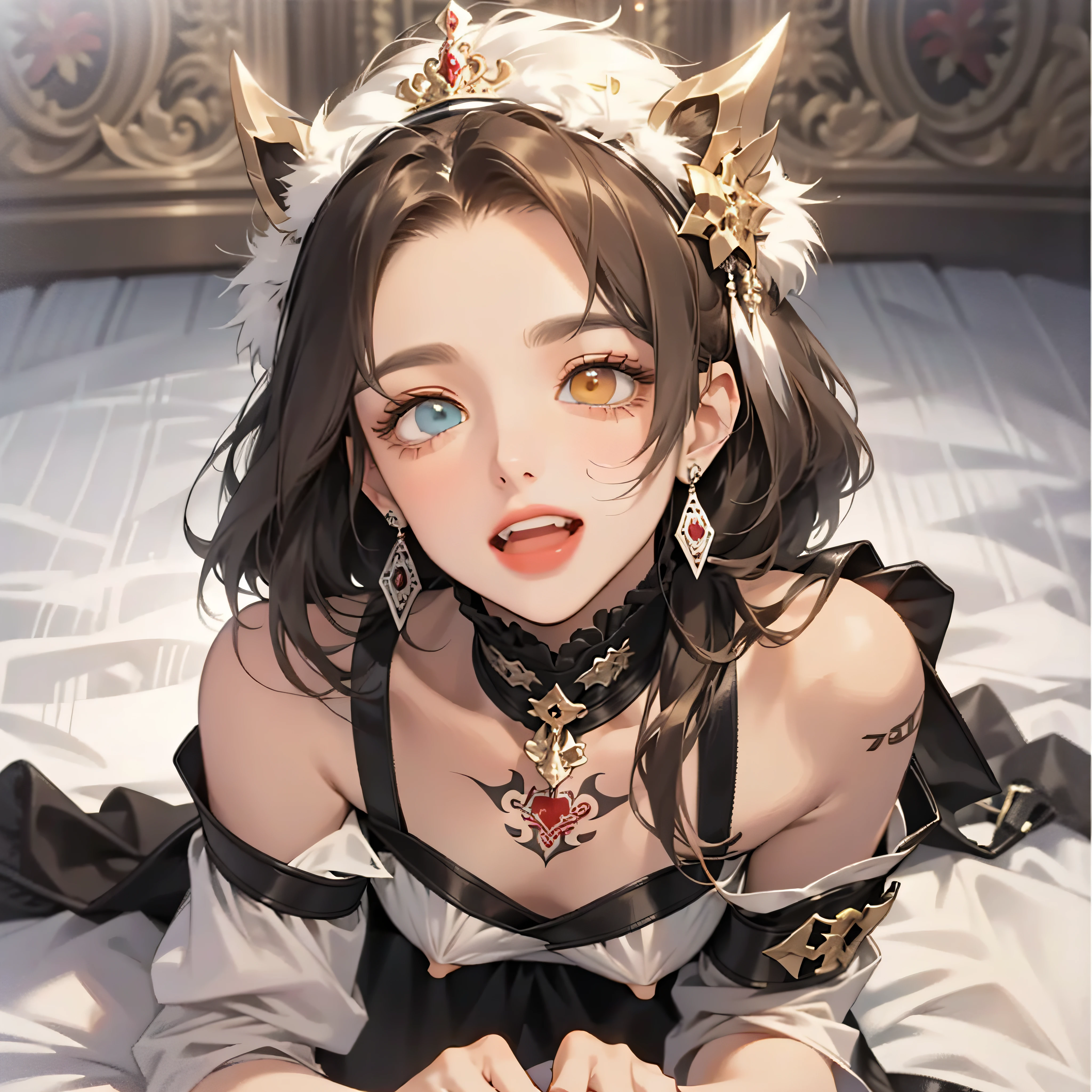 Ink wind（tmasterpiece，best qualtiy：1.4），Original，（illustratio：1.1），（Extremely detailed Cg Unity 8K wallpaper），独奏，1girll，（Smooth skin），By bangs，brunette color hair，By bangs、耳Nipple Ring、eyeslashes、hair adornments、head gear、trinkets、cparted lips、Redlip、short detailed hair、Lookout、nipple tassels，（Crawl on the floor，spread their legs：1.2）Super detailed face，Highly detailed lips，White liquid flows from the lower body，OriginalOutfit，ruler_tattoo, Pale skin, Solo, Heterochromia,Laughed very wildly，Open your mouth，Sick