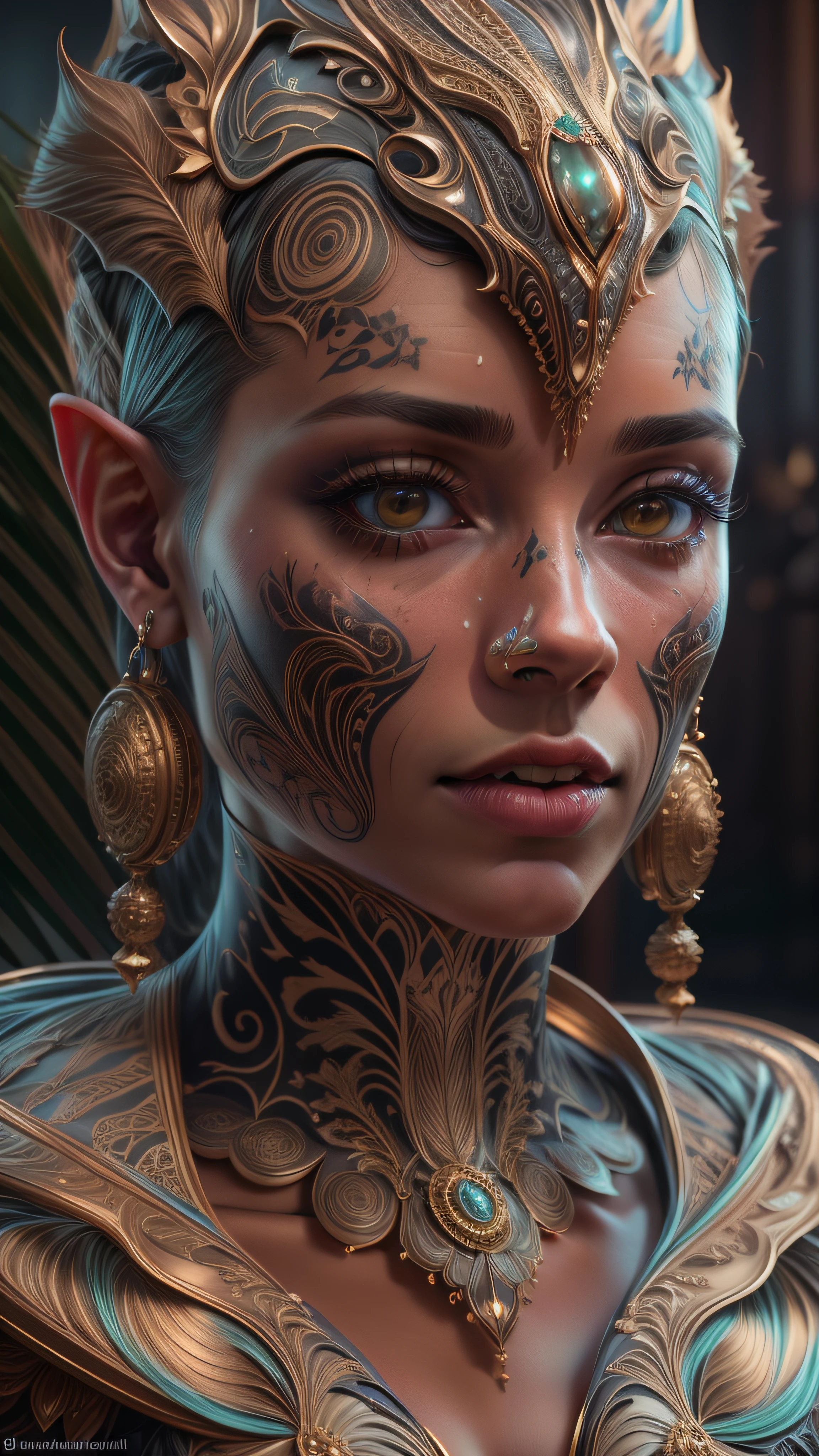 araffe woman in a dress with a tattoo on her chest, cinematic bust portrait, cinematic bust shot, fantasy style 8 k octane render, 3 d render character art 8 k, realistic fantasy rendering, unreal engine render + a goddess, Trending in ArtStation 4K, 4 k detail fantasy, 8k portrait render, 8k detailed art of high quality
