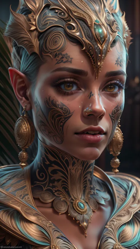 mulher de araffe em um vestido com uma tatuagem em seu peito, cinematic bust portrait, cinematic bust shot, estilo fantasia 8 k ...