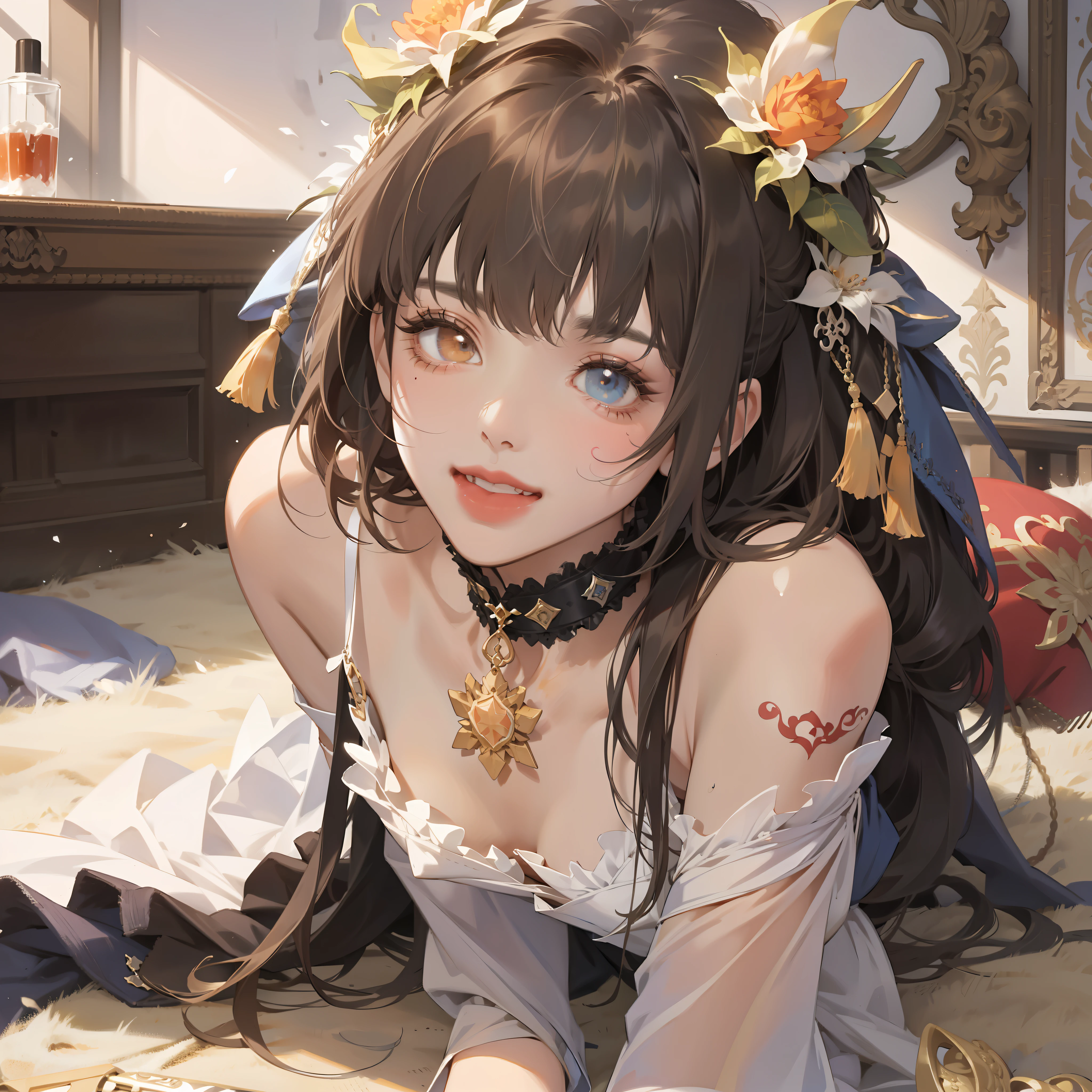 Ink wind（tmasterpiece，best qualtiy：1.4），Original，（illustratio：1.1），（Extremely detailed Cg Unity 8K wallpaper），独奏，1girll，（Smooth skin），By bangs，brunette color hair，By bangs、耳Nipple Ring、eyeslashes、hair adornments、head gear、trinkets、cparted lips、Redlip、short detailed hair、Lookout、nipple tassels，（Crawl on the floor，spread their legs：1.2）Super detailed face，Highly detailed lips，White liquid flows from the lower body，OriginalOutfit，ruler_tattoo, Pale skin, Solo, Heterochromia,Laughed very wildly，Open your mouth，Sick