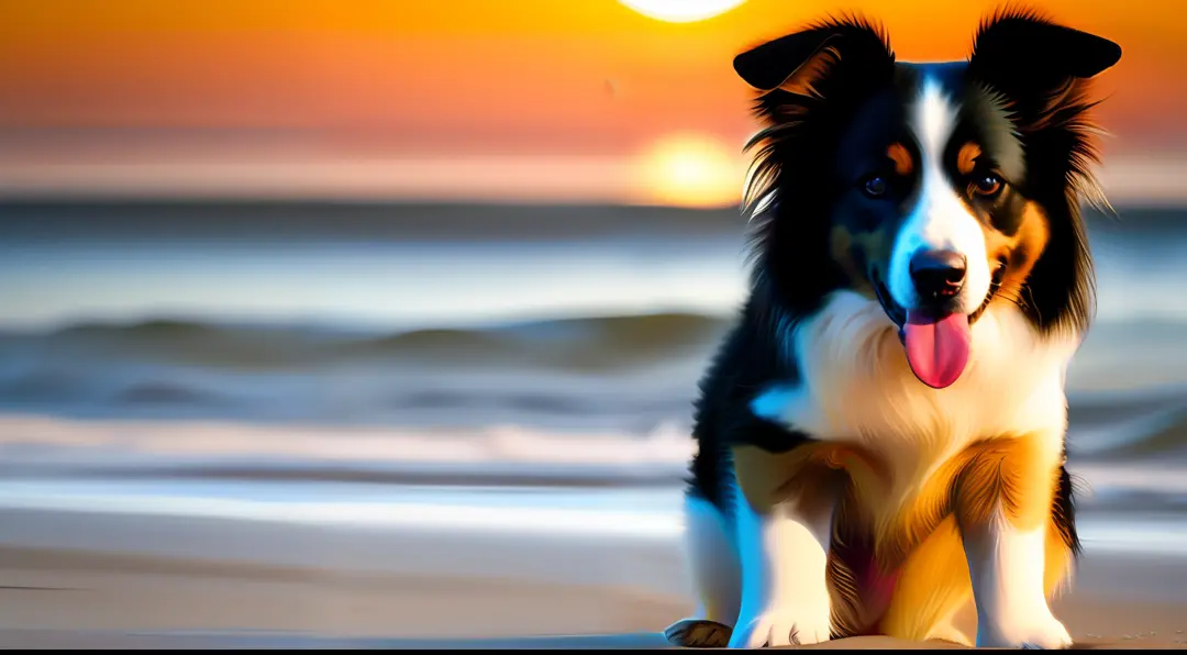 pintura digital altamente detalhada de 1 Cachorro border collie pelagem preta e branca correndo feliz na praia, por do sol, paz, luz