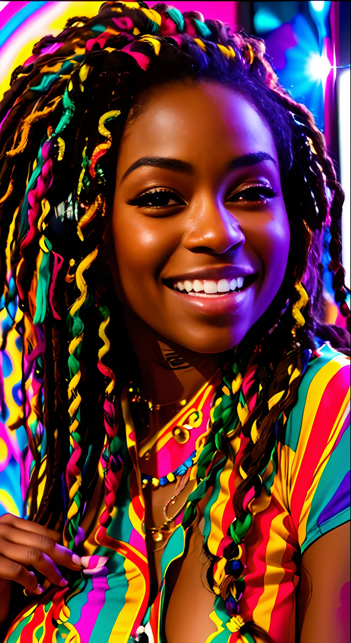 award winning photography, a female dj plays on the vinyl records on the dj set with two turntables, headphones on her head, playing on vinyl records, (((dancing dynamically))), a full body portrait of a beautiful afro american 25 y.o. woman, (Kira Noir), ((her extra long rasta hair swirling around her)), blowing in the wind, smiling, big eyelashes, happy face, detailed facial features, rule of thirds, realistic eyes, ((vibing to music)), gorgeous lady, ((deep cleavaged dress with colorful psychedelic patterns on it)), slim body, medium breasts, abstract tatoos, bright glorious summer sunshine, in the background music festival with dancing people, RAW photograph, (masterpiece), ((photorealistic)), ((hyperrealistic)), (skin pores), highly detailed, film grain, sharp focus, crystal clear, ((stunningly beautiful)), extremely detailed, high detailed skin, cinematic lighting, wide angle, amazing fine detail, rich colors, lifelike texture, dramatic lighting, dynamic composition, photographed using ((Canon EF 110mm f/1.2L USM Lens)), ((film grain, skin details, (high detaile