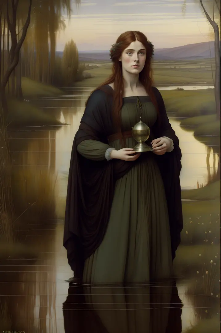 "(((Pre-Raphaelite painting))), sacerdotisa celta cabelos negros, roupa escura, He holds a chalice and a sword in a swamp of willows. ..lua, estrelas, paisagem celta, Willows, mistborn."