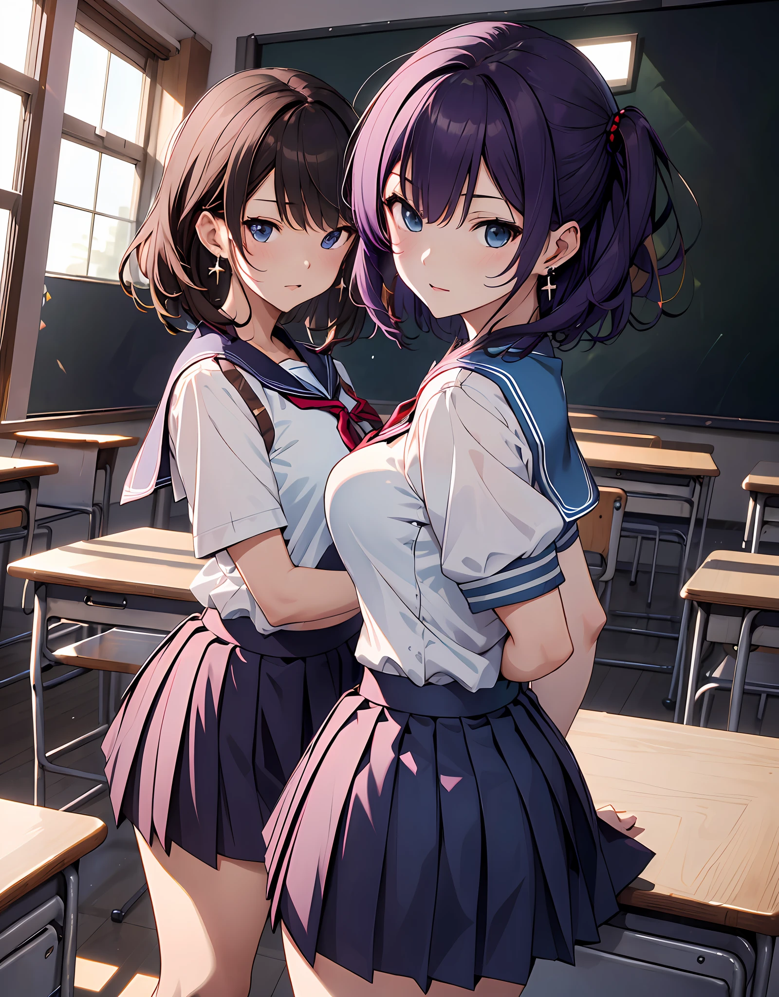 (masutepiece, Best Quality:1.37), hight resolution, Ultra-detailed, ultra-sharp, BREAK, Japan schoolgirl model, 1girl in, (Beautiful Anime Face, Cute face, Detailed face), (Purple hair, Short hair, Bangs), Blue eyes, Jewelry, earrings, Piercing, BREAK, ((Detailed High School Girl Uniform:1.5), (Detailed collard sailor shirt:1.3), (White tie:1.3), (Sky Blue Pleated Skirt:1.3), nice appearance, detailed  clothes), lightsmile, Closed mouth, Parted lips, pink lipsticks, BREAK, Standing, arms behind the waist, Leaning forward, Cowboy Shot, detailed human hands, HDTV:1.2, ((detailed classroom background:1.3)), 8 life-size, slender, Anime style, Anime-style schoolgirl, Perfect Anatomy, perfectly proportions, Inspired by Kyoto Animation and A-1 photography, deep in the night, Excellent lighting, Bright colors, Clean lines, Photorealistic