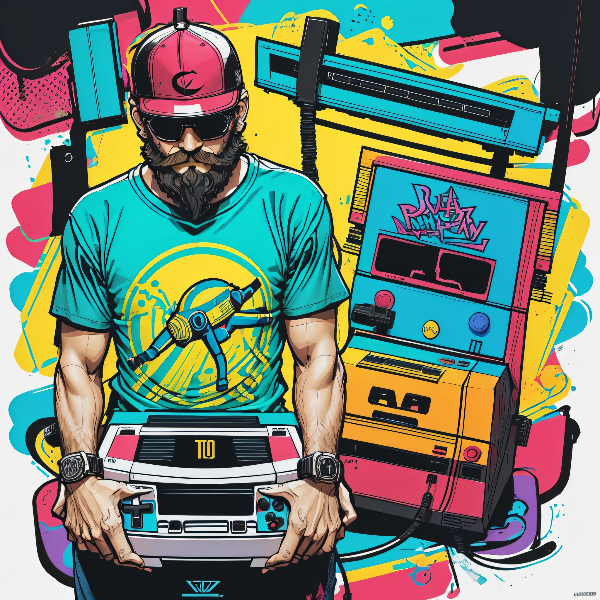 Design de camisetas, geek, estilo minimalista arcade e consoles dos anos 90, simples, retro, fundo preto, fundo escuro, very colorful --not T-shirts --not letters --not people