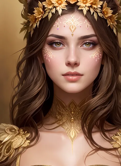 (symmetry:1.1) (portrait of floral:1.05) a woman as a beautiful goddess, (assassins creed style:0.8), pink and gold and opal color scheme, beautiful intricate filegrid facepaint, intricate, elegant, highly detailed, digital painting, artstation, concept ar...