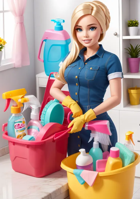 "Introducing Barbie as the charming and efficient cleaning chacha!! Imagina a Barbie en su uniforme, ready to leave every corner spotless. Create a description or story that shows Barbie at work, mostrando su perfeccionismo y habilidades de limpieza. Highl...