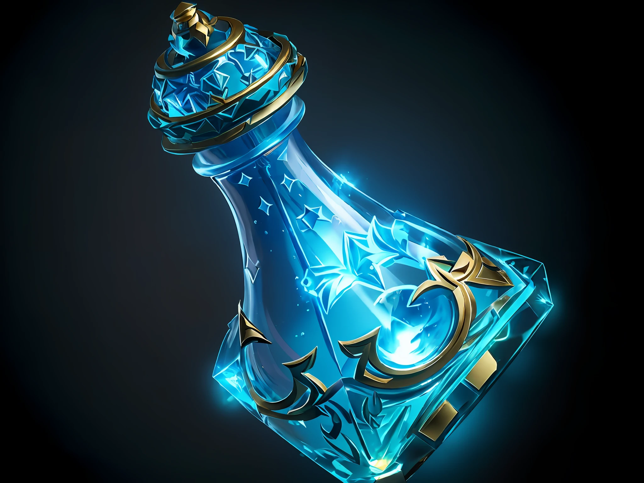 There is a potion bottle made of light blue glass，The potion bottle contained a sky blue potion，The cap is golden yellow，The bottom of the bottle is snow-white，Elf potions，ultraclear，8K, 3 d render stylized, fantasy game spell symbol, Stylized 3 D, rpg item render, painting of one health potion, stylized pbr, Stylized game art, arte renderizada, role-playing game items, game icon stylized, stylized shading, world of warcraft spell icon, artifact dota2