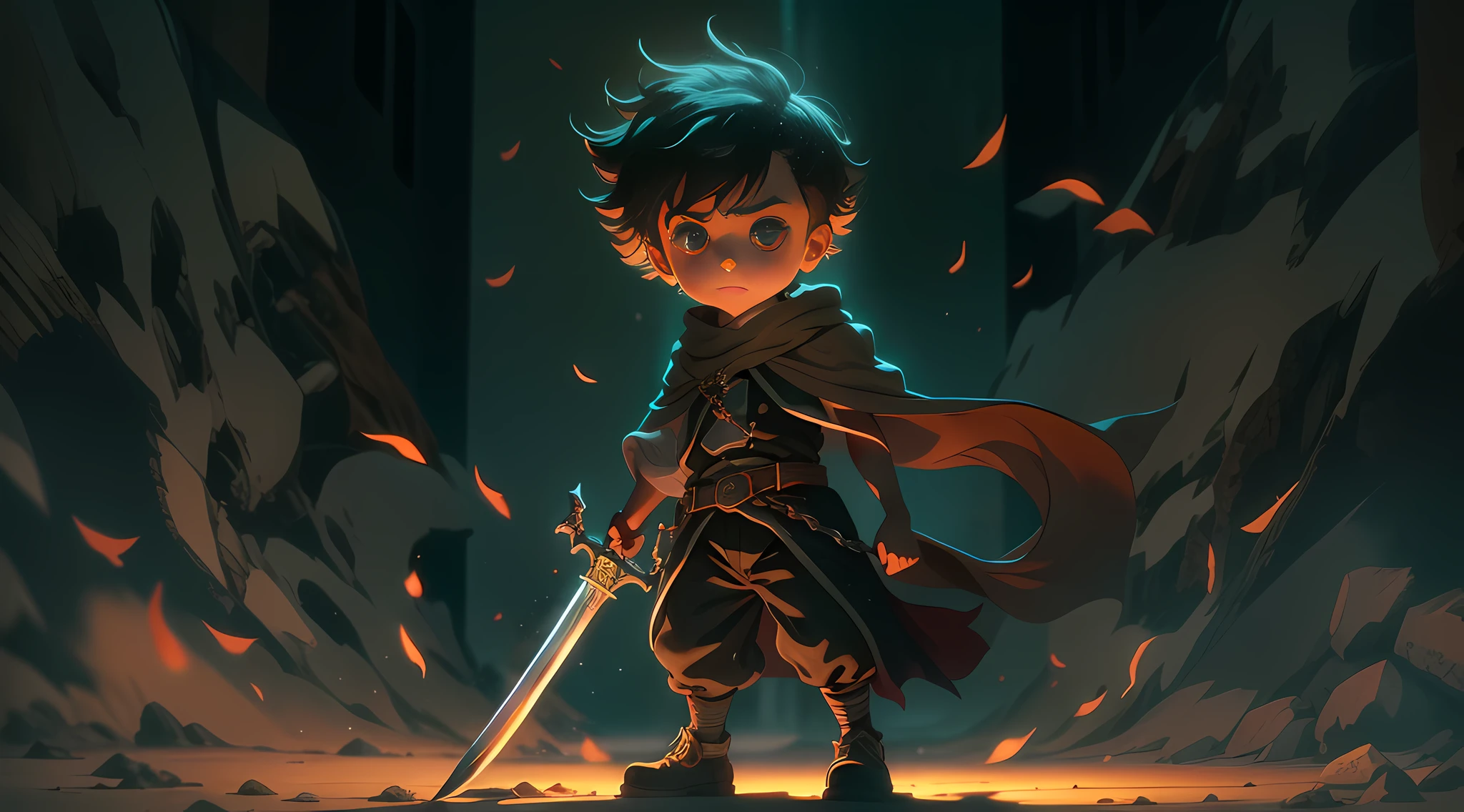 "boy with a sword in his left hand. The scene is shrouded in a magical and mysterious atmosphere.. Shadows create a dramatic effect and highlight determination in the child's eyes. The background is illuminated by a dim light, that highlights the figure of the  and adds a touch of intrigue to the image."