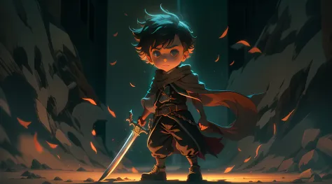 "boy with a sword in his left hand. The scene is shrouded in a magical and mysterious atmosphere.. Shadows create a dramatic eff...