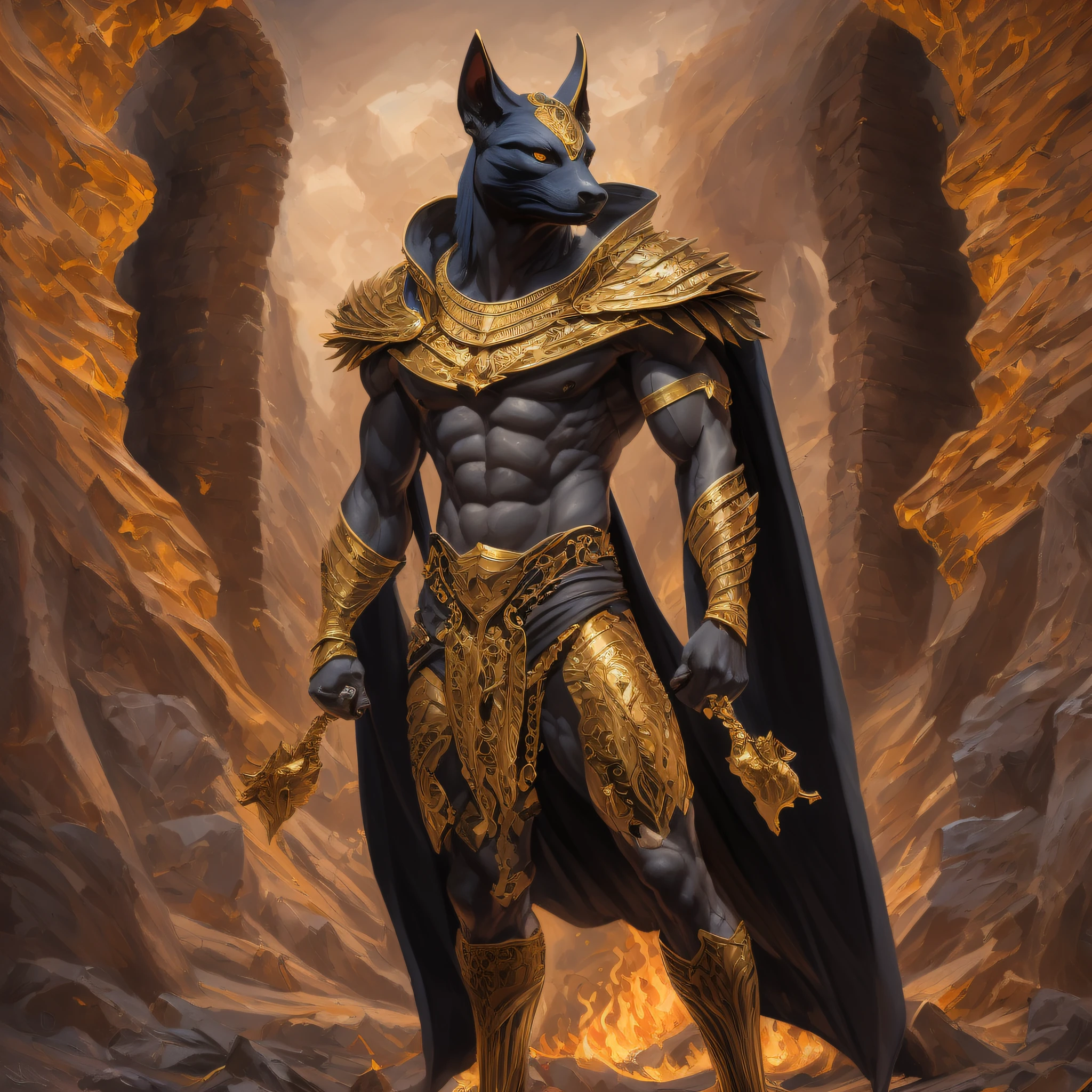 (high quality), photorealistic, (oil painting) jewelry, (solo), (dynamic pose), towards right, ((hell gate)), fire, hell landscape, (the underworld), (dark landscape), anubis, egyptian jackal headed god, anthro, muscular, (holding golden scales), dynamic pose, cinematic, dramatic camera angle, golden armor:0.25, black & gold cape, (good anatomy), (good proportions), award winning, masterpiece, centered,