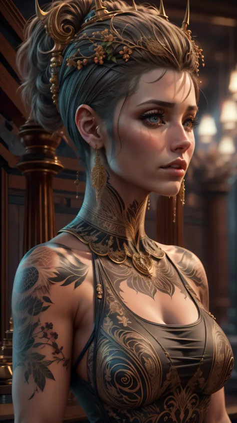 mulher de araffe em um vestido com uma tatuagem em seu peito, cinematic bust portrait, cinematic bust shot, estilo fantasia 8 k ...