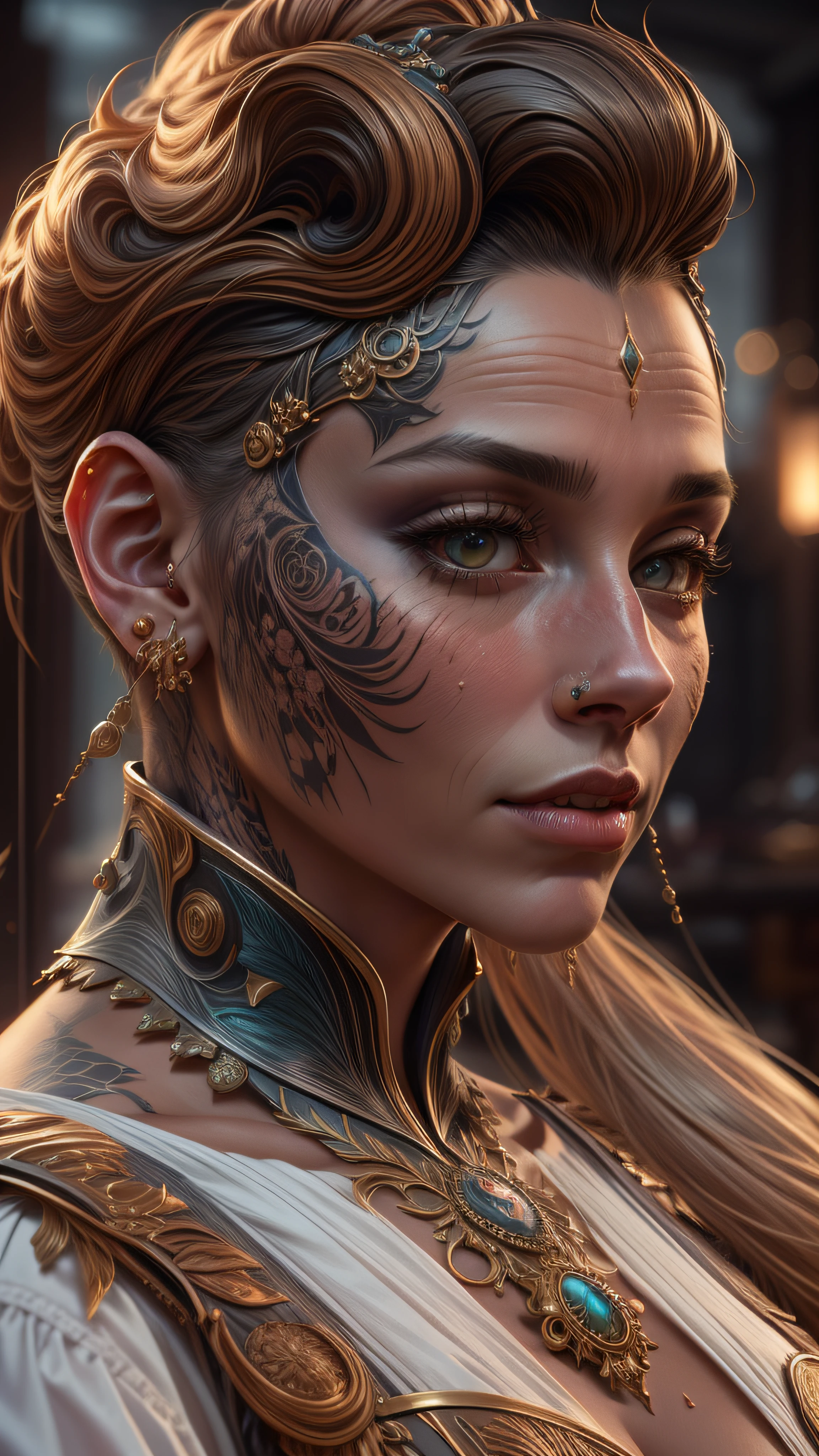 Mujer araffe con un vestido con un tatuaje en el pecho, retrato cinematográfico del busto, toma de busto cinematográfico, estilo fantasia 8 k octane render, Arte de personajes de renderizado 3D 8k, representación de fantasía realista, RENDERIZACIÓN DE MOTOR IRREAL + una diosa, Tendencias en ArtStation 4K, Detalle de fantasía 4K, Renderizado de retratos en 8k, Ilustraciones detalladas de alta calidad de 8k