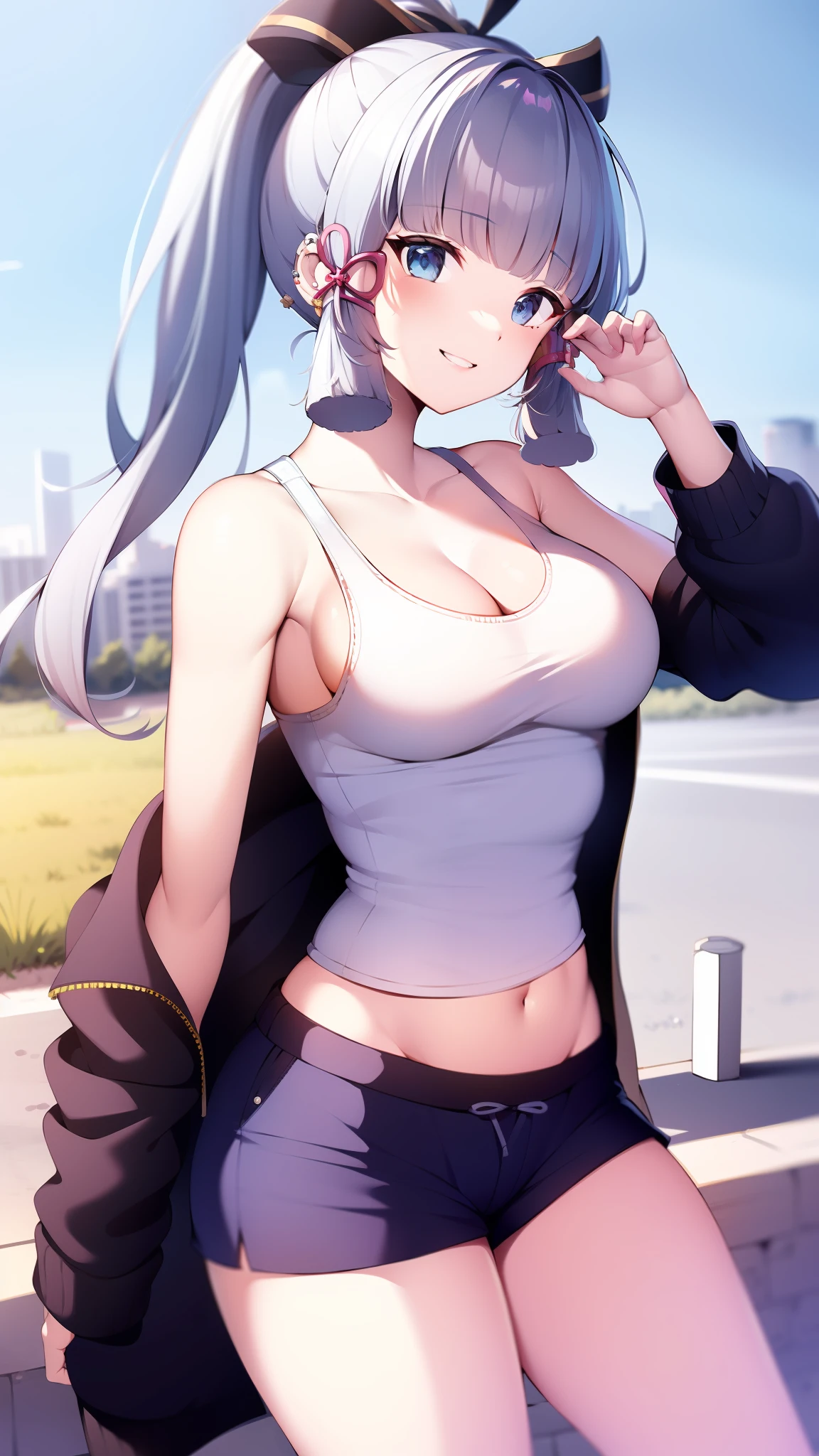 (masterpiece, best quality, ultra-detailed, illustration), genshin impact, kamisato_ayaka, 1girl, solo, hip hop hat ,cowboy shot, ponytail, blunt bangs, blue eyes, evil smile, show teeth, eyebrows visible through hair, long hair, silver hair, ear piercing, looking at viewer, outoors, city road, on the road, medium breasts, short pants, trendy tank top, cool jacket, stockung, hip hop, sexy pose, text on shirt,