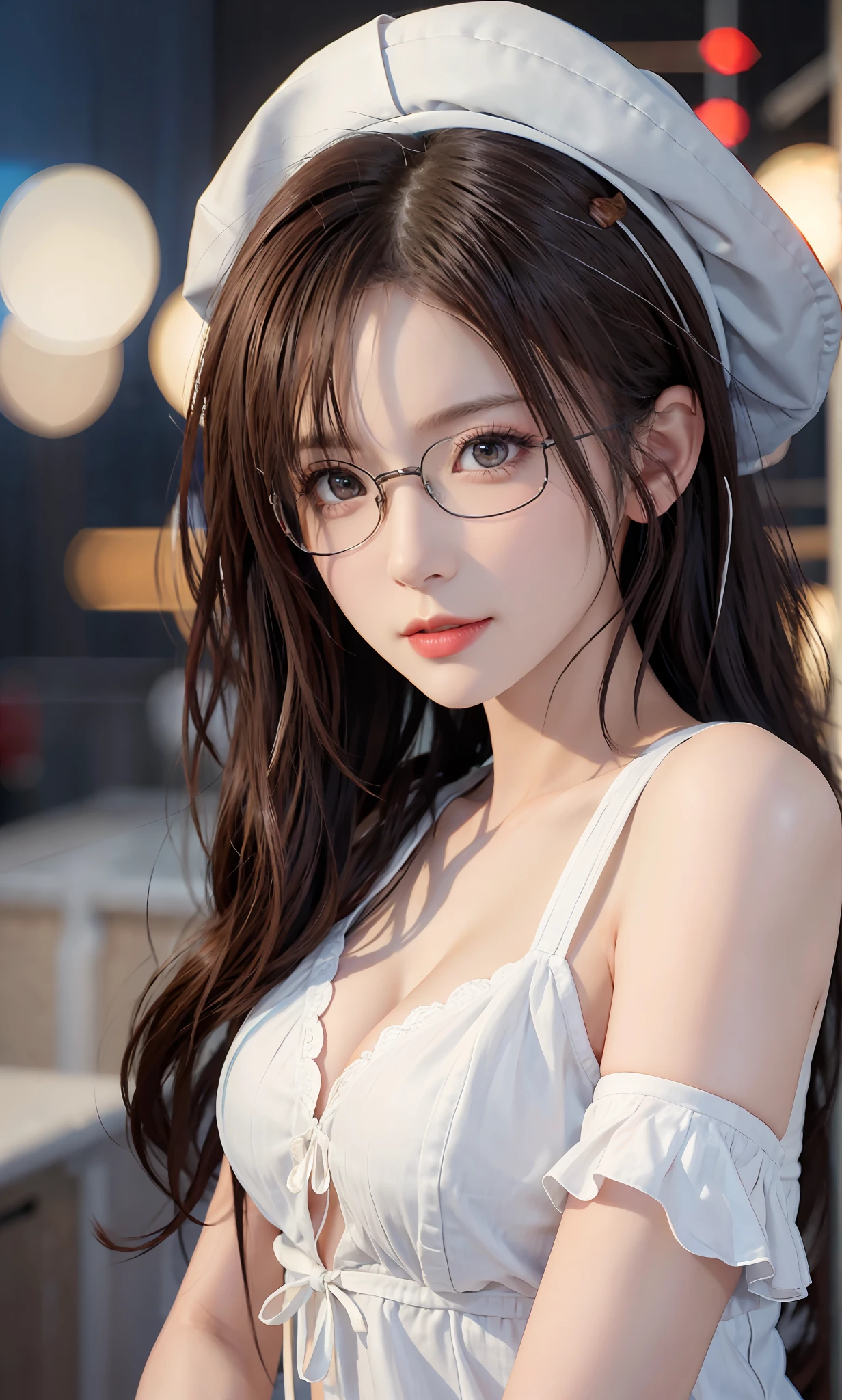 （RAW photos：1.2），high high quality，Beautiful Meticulous Girl，nurses，Highly detailed eyes and face，beatiful detailed eyes，hugefilesize，A high resolution，8k wallpapenely detailled，Highly detailed stock code uniform 8k wallpaper，light in face，brown  hair，wearing hat，full bodyesbian，Have by the sea，light，16 year old girl，A sexy pose，（photo-realism：1.4），illustratio，Ultra-realistic realism，super detailing， tmasterpiece， Have by the sea，shift dresses，wears glasses，Bigchest，low chest