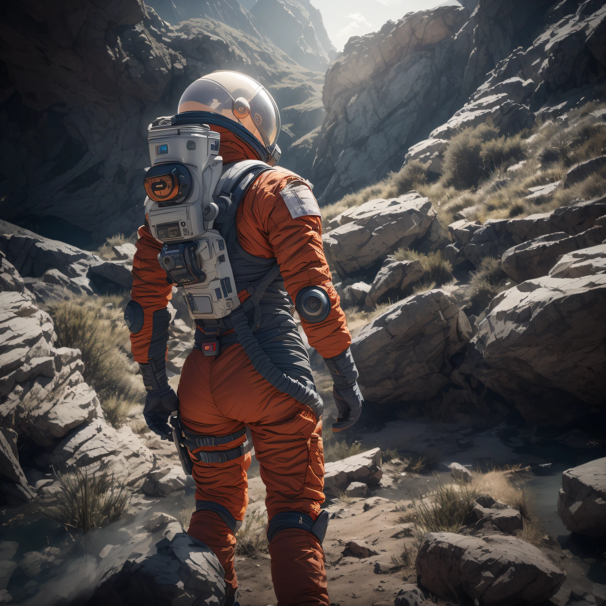 (highly detailed: 1.2), (best quality canon EOS R6: 1.2), (8k: 1.0), (dynamic posture: 1.2), rear angle, Highly detailed RAW color Photo, Rear Angle, Full Body, of (female space soldier, wearing orange and white space suit, helmet, tined face shield, rebreather, accentuated booty), outdoors, (looking up at advanced alien structure, on alien planet), toned body, big butt, (sci-fi), (mountains:1.1), (lush green vegetation), (two moons in sky:0.8), (highly detailed, hyperdetailed, intricate), ((DAY TIME)), (lens flare:0.7), (bloom:0.7), particle effects, raytracing, cinematic lighting, shallow depth of field, photographed on a Sony a9 II, 50mm wide angle lens, sharp focus, cinematic film still from Gravity 2013, from behind