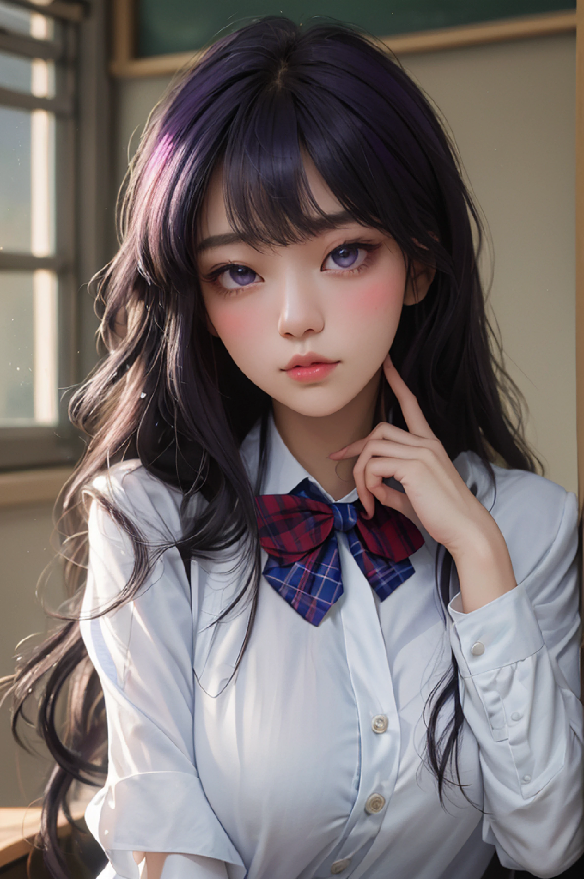 4k, raw camera, highres, masterpiece, portrait, aesthetic, beautiful, best quality, highly detaile, best quality clothing, aesthetic clothings, professional angle, rule of thirds, Feminine, delicate, beautiful, 19 years, attractive, solo, 1 girl, ((Shouko Komi)), komi-san wa komyushou desu , (In the Classroom), (Upper body), ((From Front, From Down)), (students in the background), ((Very shy)), (Long Hair, purple Hair, Very Straight Hair, - Hair, - in hair), (Open Eyes, black Eyes, Black Eyelinerin Eyes, expressionlesz gaze), Soft skin, (Blushed), ((Standing, Leaning forward)), - , - , - , (closed mouth, - Mouth), (Natural Lips), (Average Bust), ((hands in heart)), (School White Shirt, blue blazer - , - Shirt, Skirt red and blue Plaid, black pantyhouse, Red bowtie, stripped bow, Clothing), (V Neckline), beautiful body, beautiful eyes, shiny eyes, shiny hair, beautiful mouth, beautiful lips, beautiful face