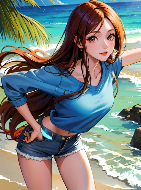 master part, best quality, retrato de orihime inoue em seus 20 anos, sozinho, olhos castanhos, topo de corte cinza, denim shorts...