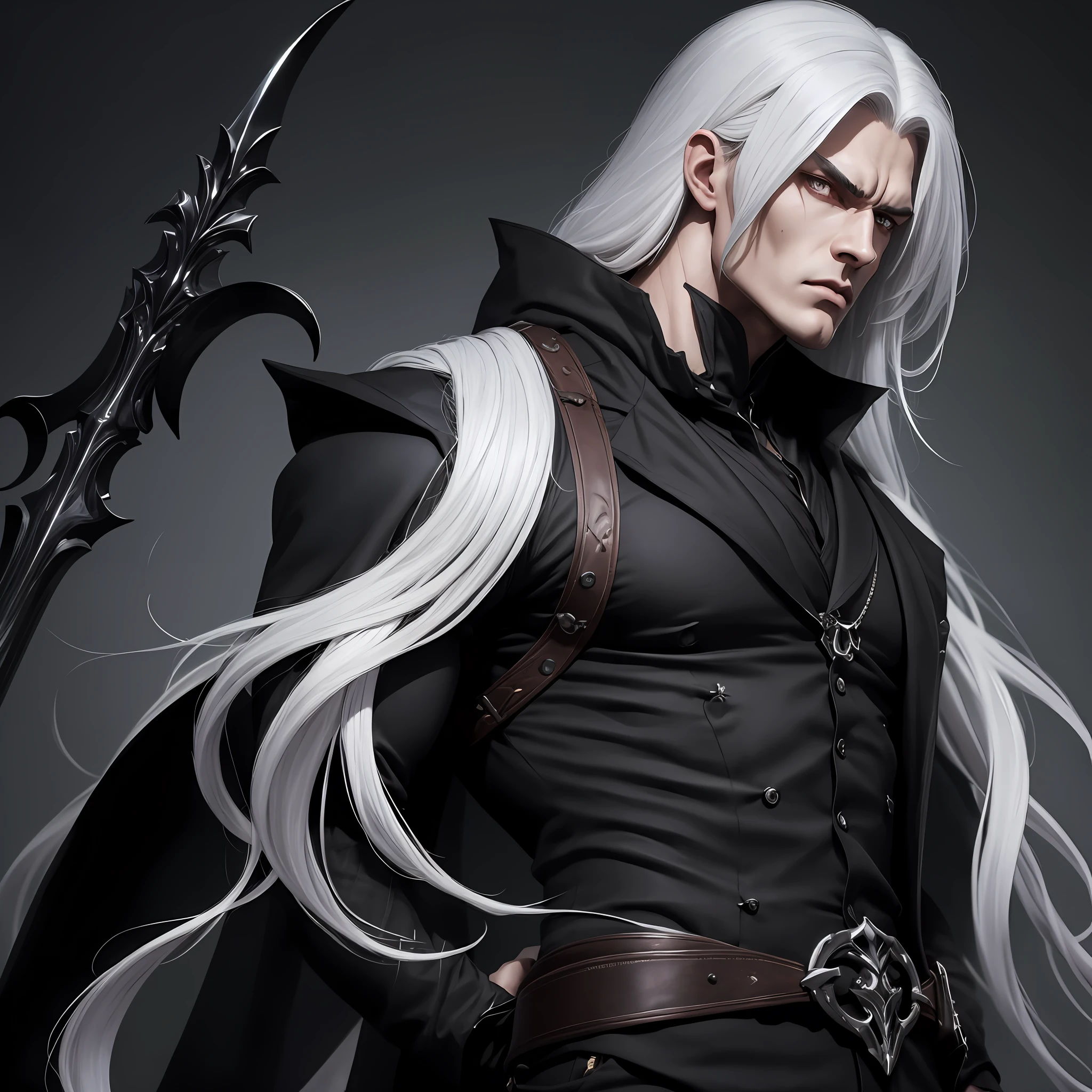 He has long, flowing white hair. His piercing white eyes shine with intensity. Clad in sleek black suitd, he exudes an aura of enigma. Towering with an imposing stature and a chiseled physique, he commands attention and respect. He is a Grimreaper by trade. --auto