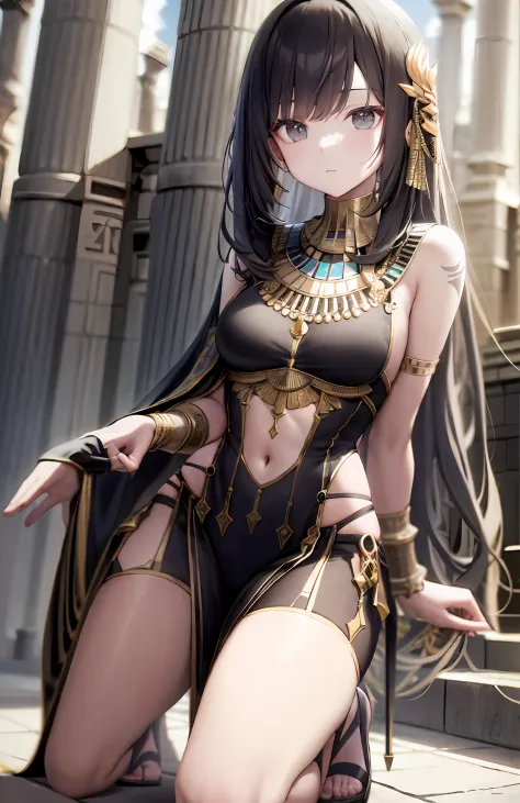 ((best qualtiy)), ((tmasterpiece)), (the detail:1.4), 3D,Complete body， Beautiful girl in ancient Egyptian style，（（Kneeling pose，sandals））（Exquisite and simple ancient Egyptian costumes，White dress：1.9），（black long straight hair，Wheat-colored skin：1.6），（An...