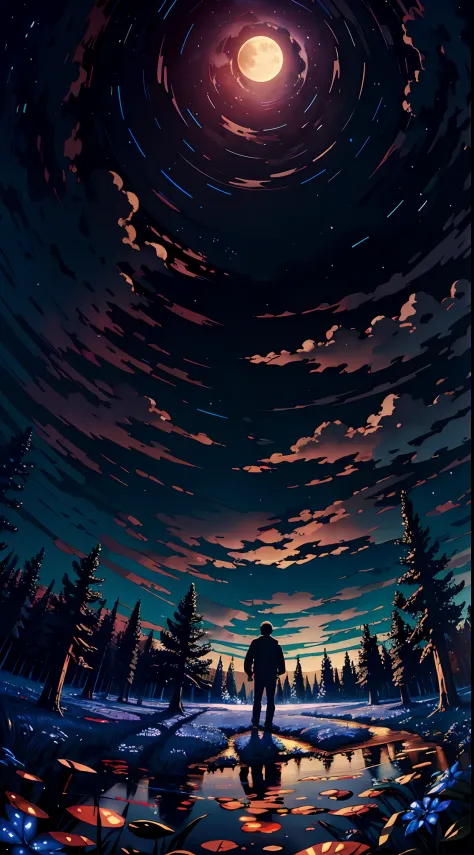 Expansive landscape photograph，（look from down，Above is the sky，Below is an open forest，Tall trees），A boy standing in the forest looking up，（moon full：1.2），（meteors：0.9），（Starcloud：1.3），clusters of stars：1），Far Mountain, Tree BREAK making art，（Blu-ray sour...
