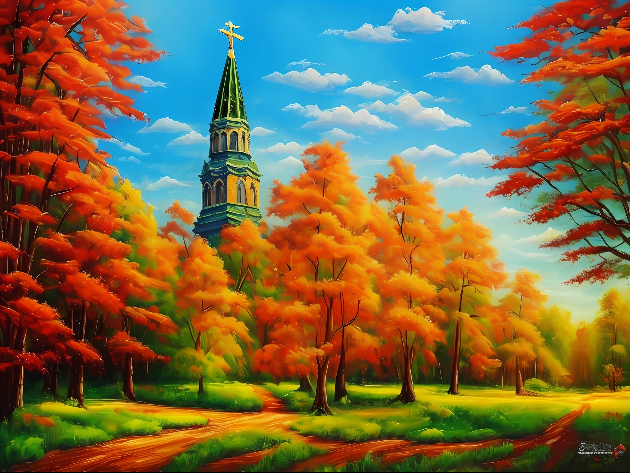 莫斯科街. 巴西尔教堂, 红方格, 印象派风景, 粗油质地,清新淡雅的色彩 莫兰迪色系正值秋季