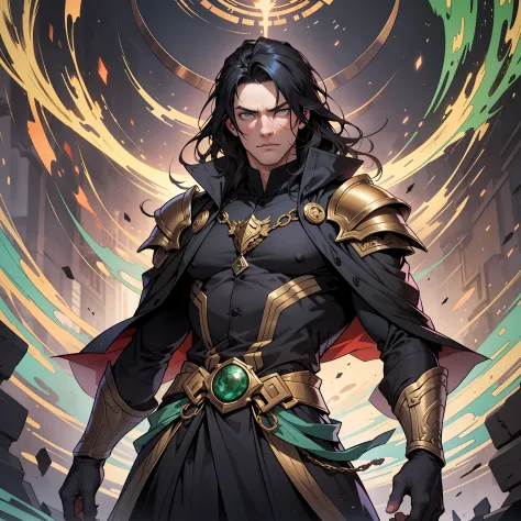 William cuts an impressive figure, towering over most people despite his apparent youth. His wavy black hair falls nearly to his shoulders, framing an olive-skinned face adorned with bright emerald eyes. A flowing robe of the darkest black drapes over his ...