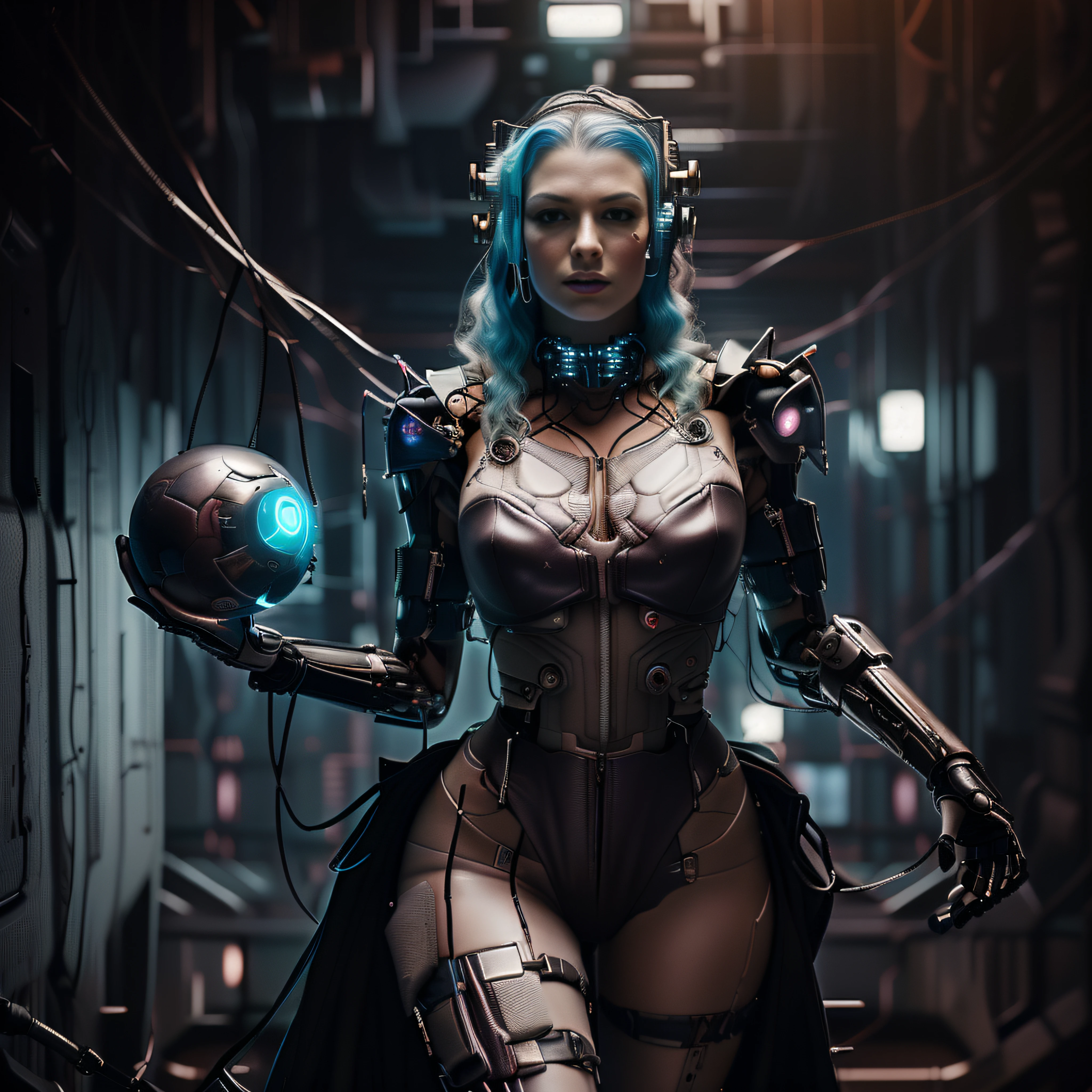 Hay una mujer disfrazada sosteniendo una pelota y una espada, Cyberpunk enojada hermosa diosa, seductive cyberpunk dark fantasy, cyberpunk robotic elvish queen, gothic - cyberpunk, Hermosa modelo de mujer cyberpunk, Retrato de una reina cyborg, Foto cyberpunk, en estilo cyberpunk, Traje Cyberpunk, Cyborg Mermaid with a laser whip, cyberpunk dark fantasy, Chica femenina de anime cyberpunk