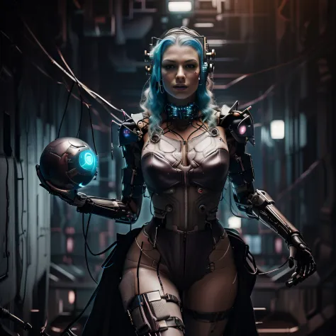 Hay una mujer disfrazada sosteniendo una pelota y una espada, Cyberpunk enojada hermosa diosa, seductive cyberpunk dark fantasy,...