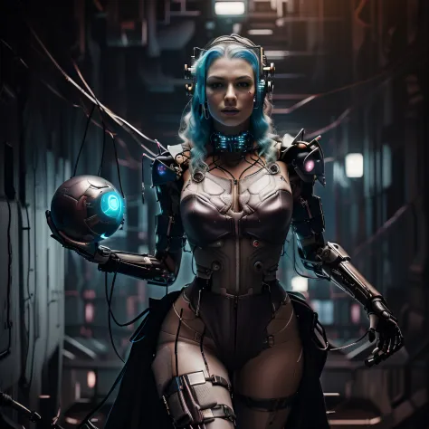 hay una mujer disfrazada sosteniendo una pelota y una espada, cyberpunk enojada hermosa diosa, seductive cyberpunk dark fantasy,...