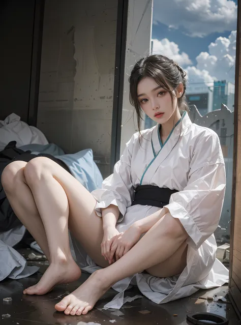 Sitting in the middle of an abandoned 3D rendered men's toilet，Devastated，Broken doors and windows，The ground is a mess，junk，junk，junk，Transparent Hanfu，Cloudy white liquid covering，facing at camera，Exquisite and perfect facial features，Long eyelashes，The ...