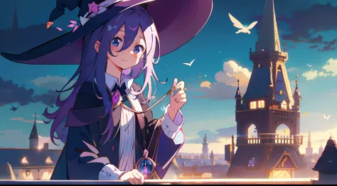 one girl、purple hair、light blue  eyes、the witch、witch outfit、witch's hat、natta、on top of the tower、​masterpiece、top-quality、top ...