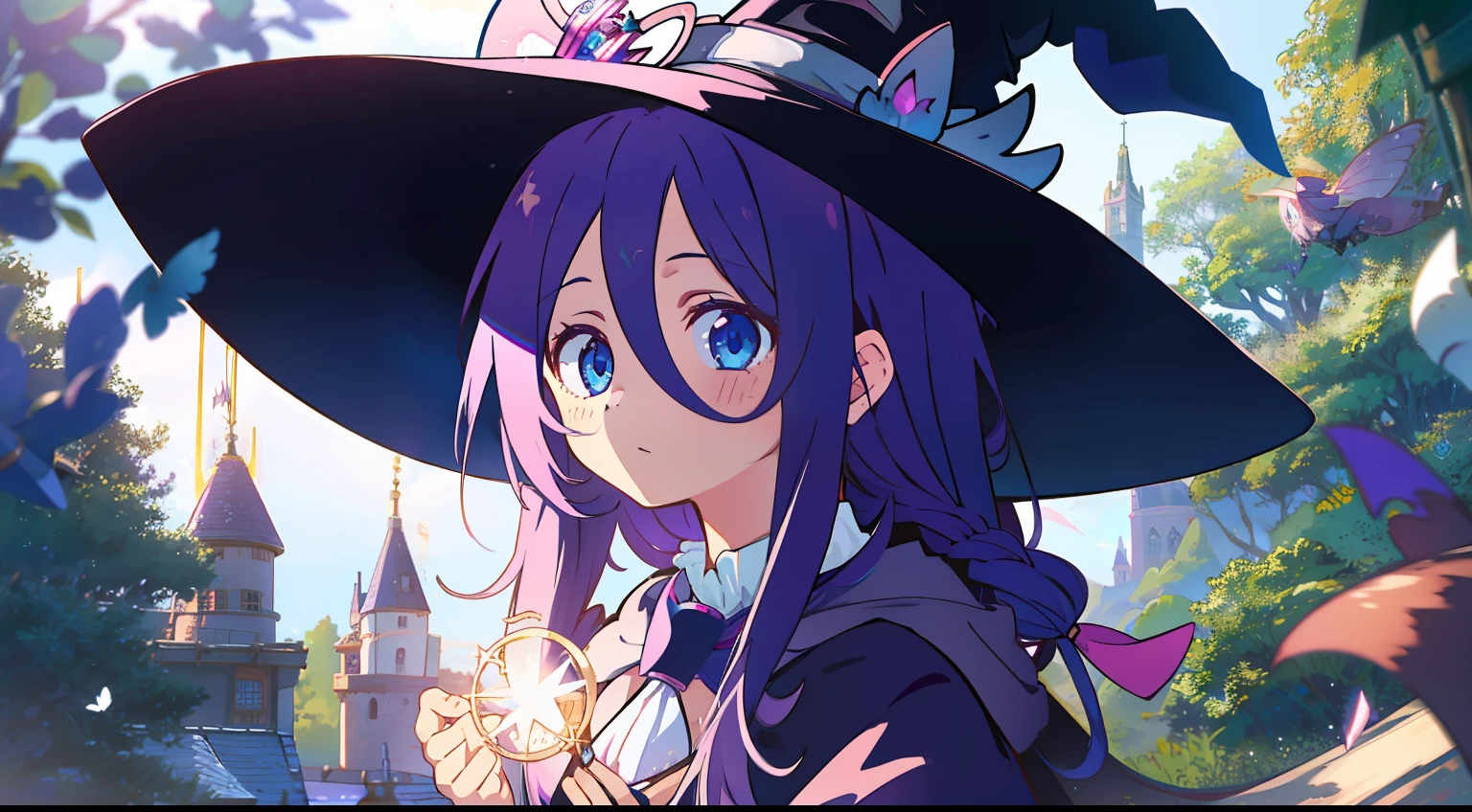 One girl、Purple hair、light blue  eyes、the witch、witch outfit、witch's hat、natta、On top of the tower、​masterpiece、top-quality、Top image quality、cute little、long、Fluttering hair、magia