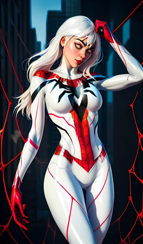 spider - woman in white costume with red and black spider - webs, spider gwen, extremely detailed artgerm, highly detailed exquisite fanart, glowing veins of white, cables on her body, white shiny skin, ( ( spiderwoman ) ), spider - gwen, spider-gwen, spid...