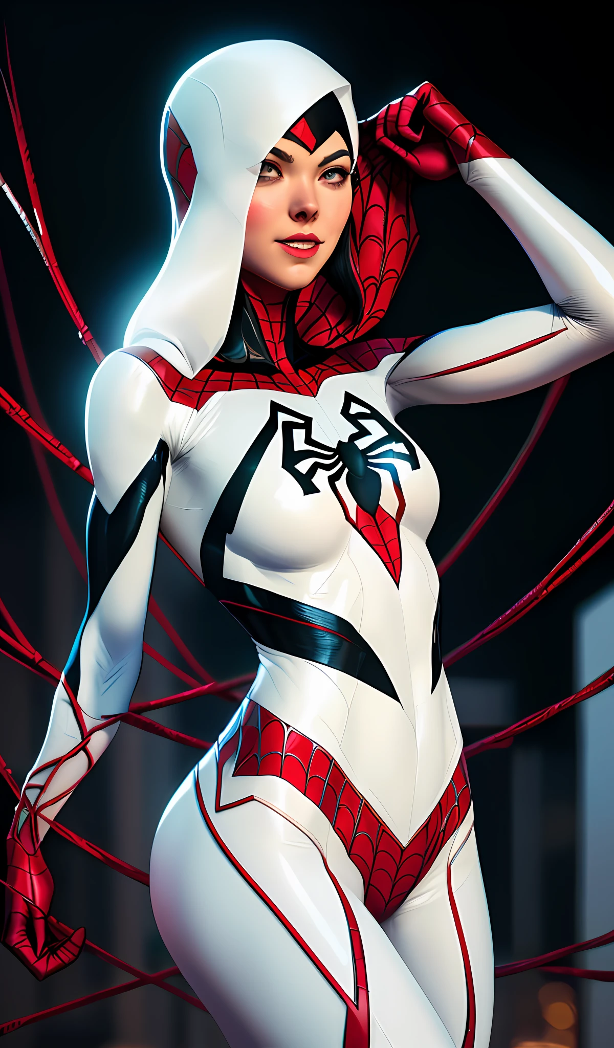 A close up of a woman in a spider - man suit posing - SeaArt AI