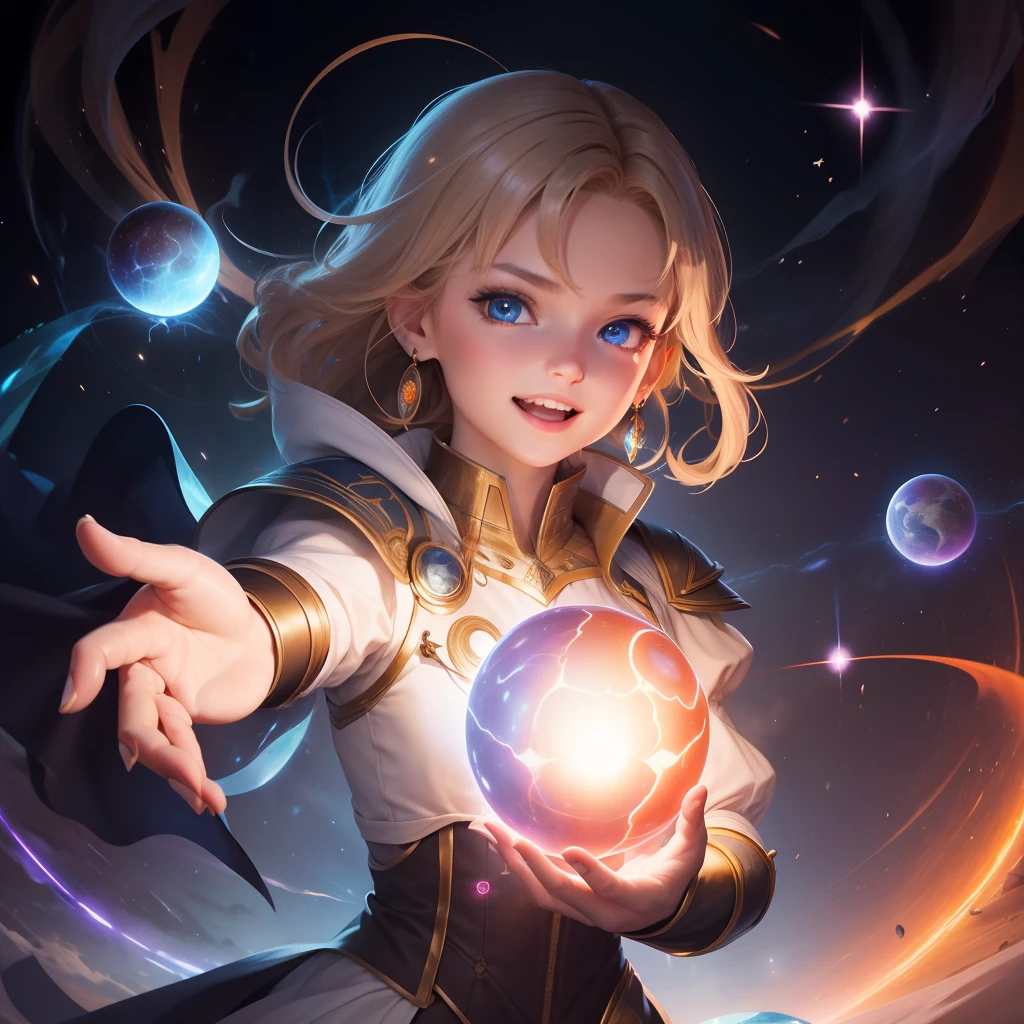 a good painting of a girl holding a glowing orb in her hands with a glowing orb in her hand, and a glowing orb in her hand, 1boy, aurora, beam, biribiri, blue eyes, blue fire, crystal, crystal ball, cupping hands, earrings, earth \(planet\), electricity, energy, energy ball, floating, floating object, foreshortening, galaxy, globe, glowing, glowing weapon, hexagram, hitodama, hologram, holographic interface, ice, jewelry, lightning, magic, magic circle, male focus, night sky, open hands, open mouth, orb, outstretched arm, outstretched hand, planet, pyrokinesis, reaching out, sky, smile, solo, space, sparkler, spread fingers, star \(sky\), starry sky, art by Mind Blaster