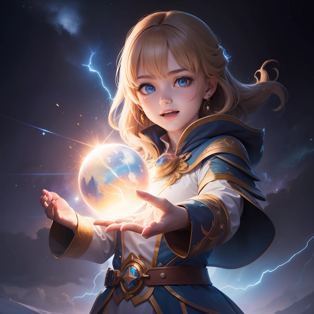 a good painting of a girl holding a glowing orb in her hands with a glowing orb in her hand, and a glowing orb in her hand, 1boy, aurora, beam, biribiri, blue eyes, blue fire, crystal, crystal ball, cupping hands, earrings, earth \(planet\), electricity, energy, energy ball, floating, floating object, foreshortening, galaxy, globe, glowing, glowing weapon, hexagram, hitodama, hologram, holographic interface, ice, jewelry, lightning, magic, magic circle, male focus, night sky, open hands, open mouth, orb, outstretched arm, outstretched hand, planet, pyrokinesis, reaching out, sky, smile, solo, space, sparkler, spread fingers, star \(sky\), starry sky, art by Mind Blaster